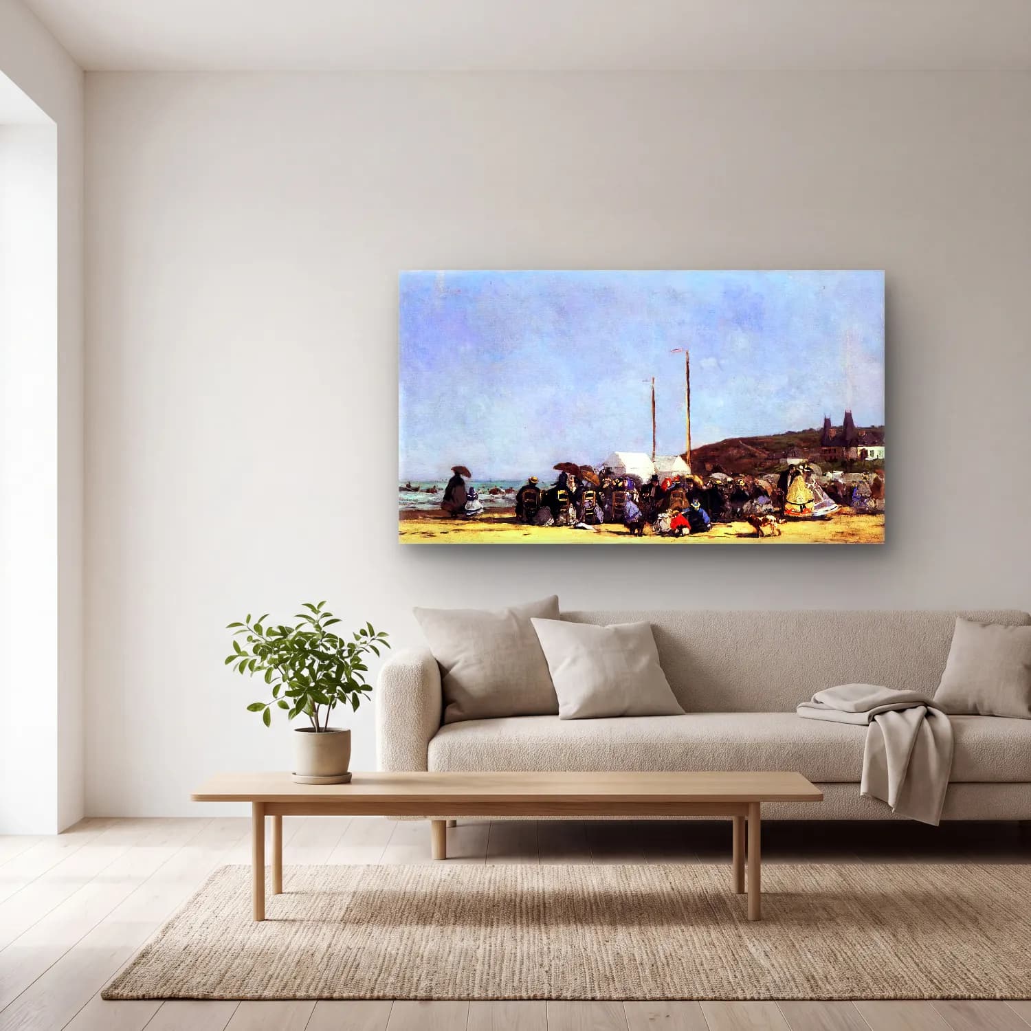 Eugène Boudin – Beach Scene, Trouville cam tablo — açık renk salonda