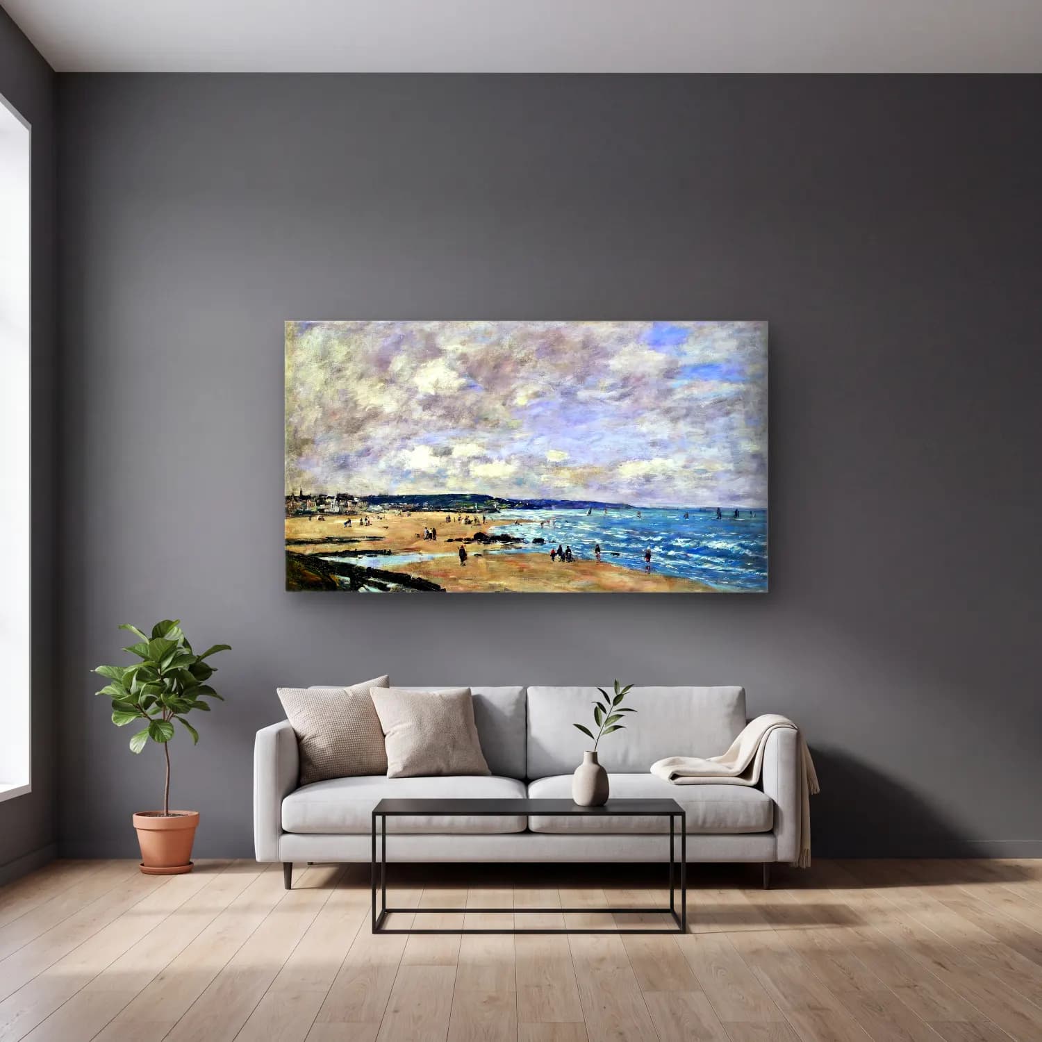 Eugène Boudin – Beach at Trouville cam tablo — gri duvarlı salonda