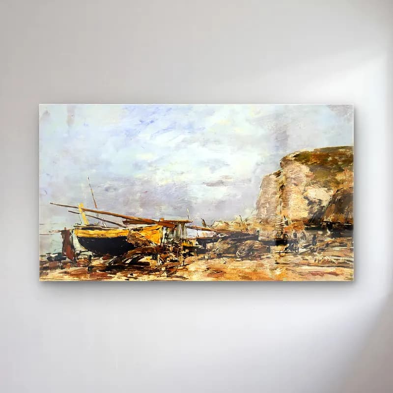 Eugène Boudin – Cliffs and Yellow Boats at Étretat cam tablo — Eugène Boudin – Cliffs and Yellow Boats at Étretat — empresyonist liman ve tekneler