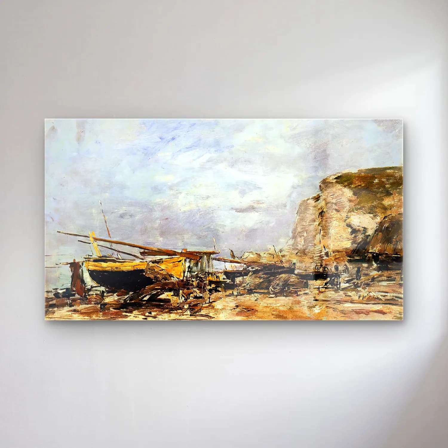 Eugène Boudin – Cliffs and Yellow Boats at Étretat cam tablo — Eugène Boudin – Cliffs and Yellow Boats at Étretat — empresyonist liman ve tekneler