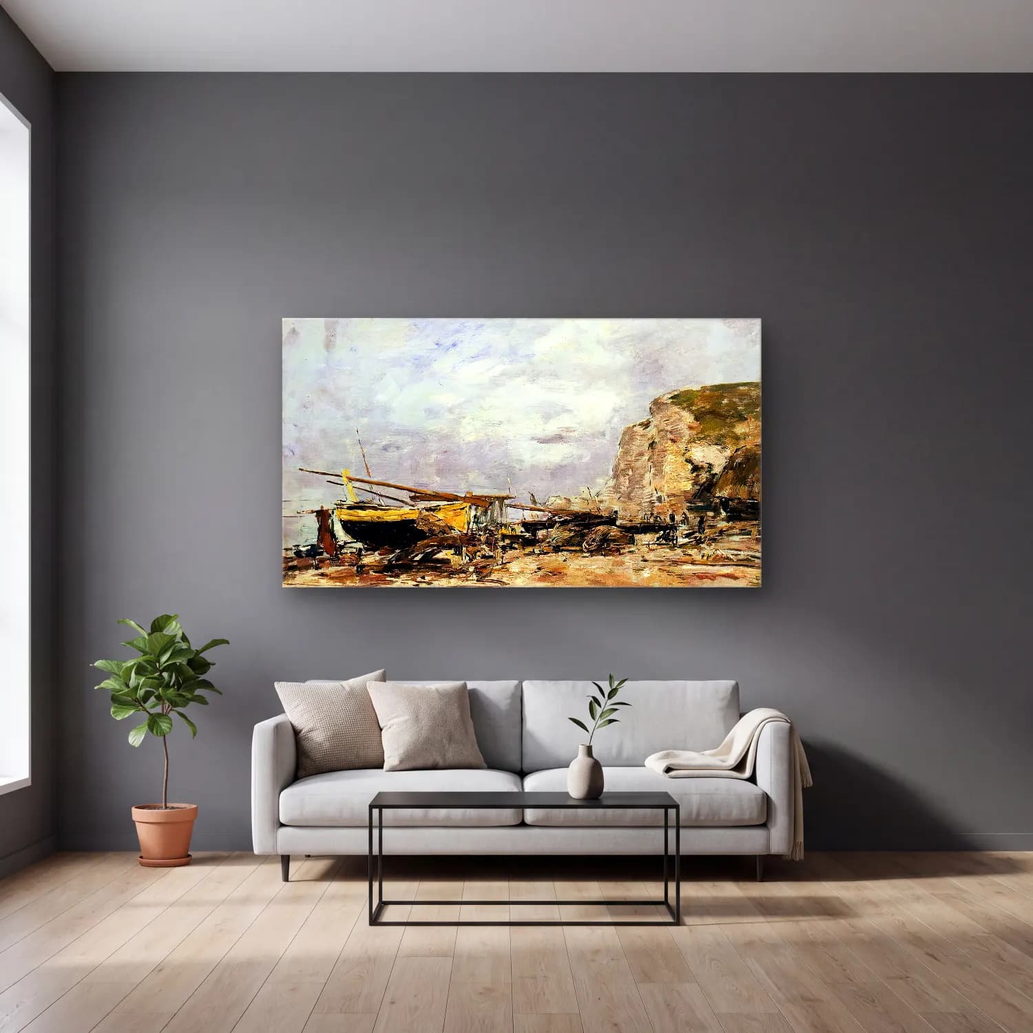 Eugène Boudin – Cliffs and Yellow Boats at Étretat cam tablo — gri duvarlı salonda