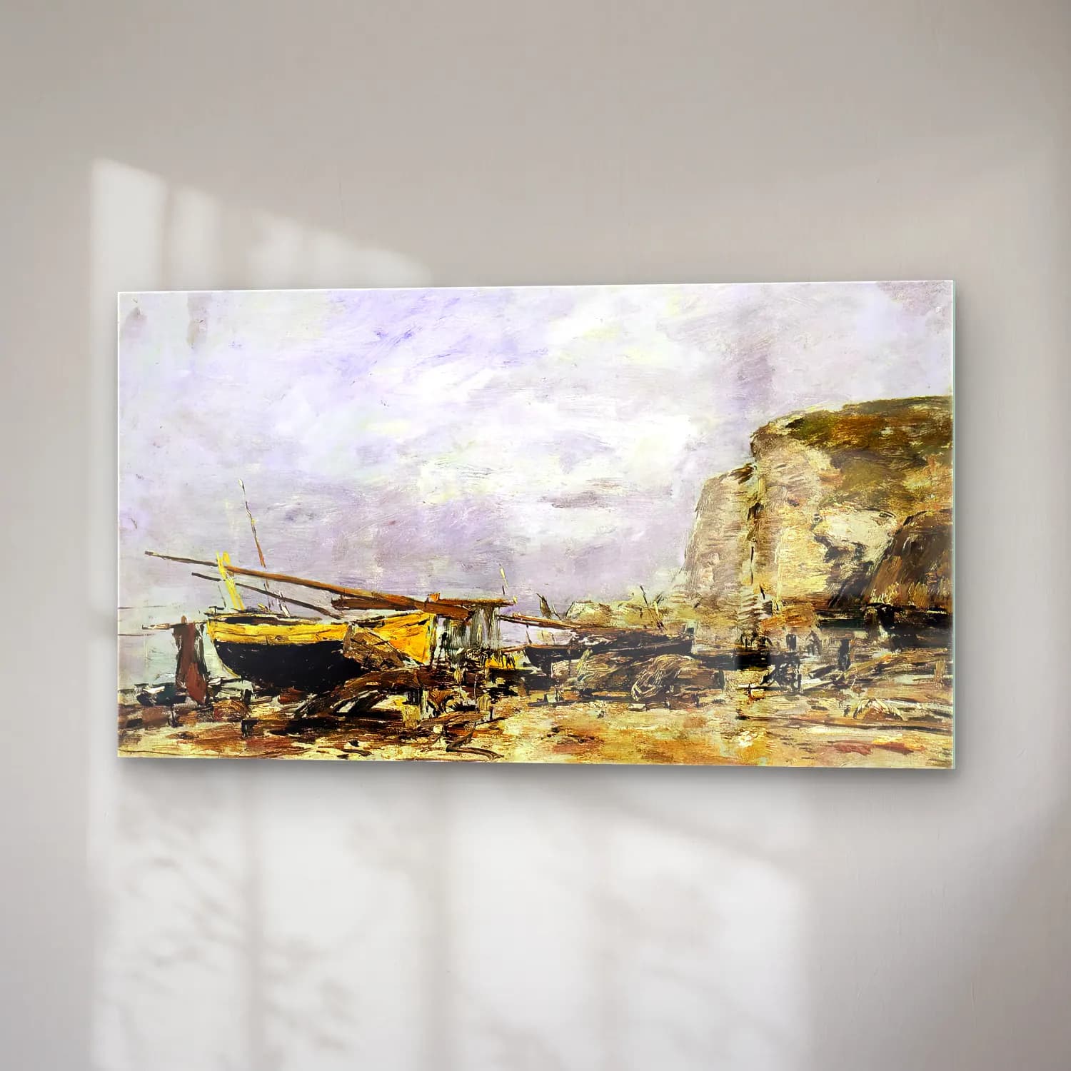 Eugène Boudin – Cliffs and Yellow Boats at Étretat cam tablo — sağ açıdan görünüm