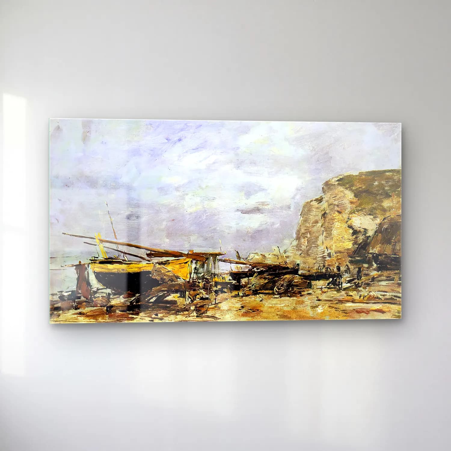Eugène Boudin – Cliffs and Yellow Boats at Étretat cam tablo — sol açıdan görünüm