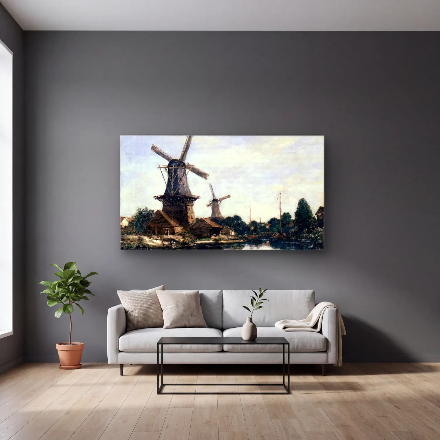 Eugène Boudin – Dordrecht, the Windmills cam tablo — gri duvarlı salonda