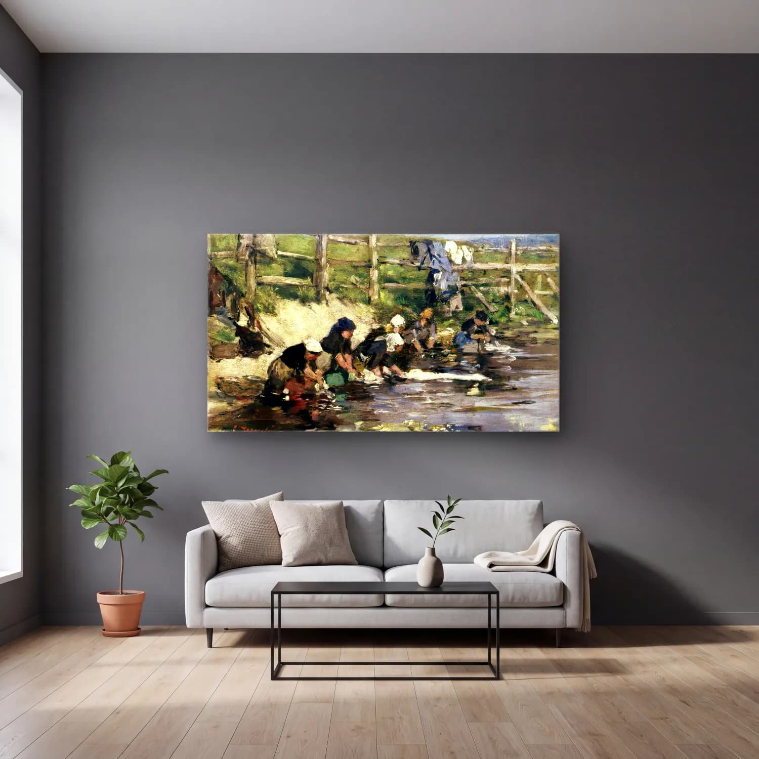 Eugène Boudin – Laundresses by a Stream cam tablo — gri duvarlı salonda