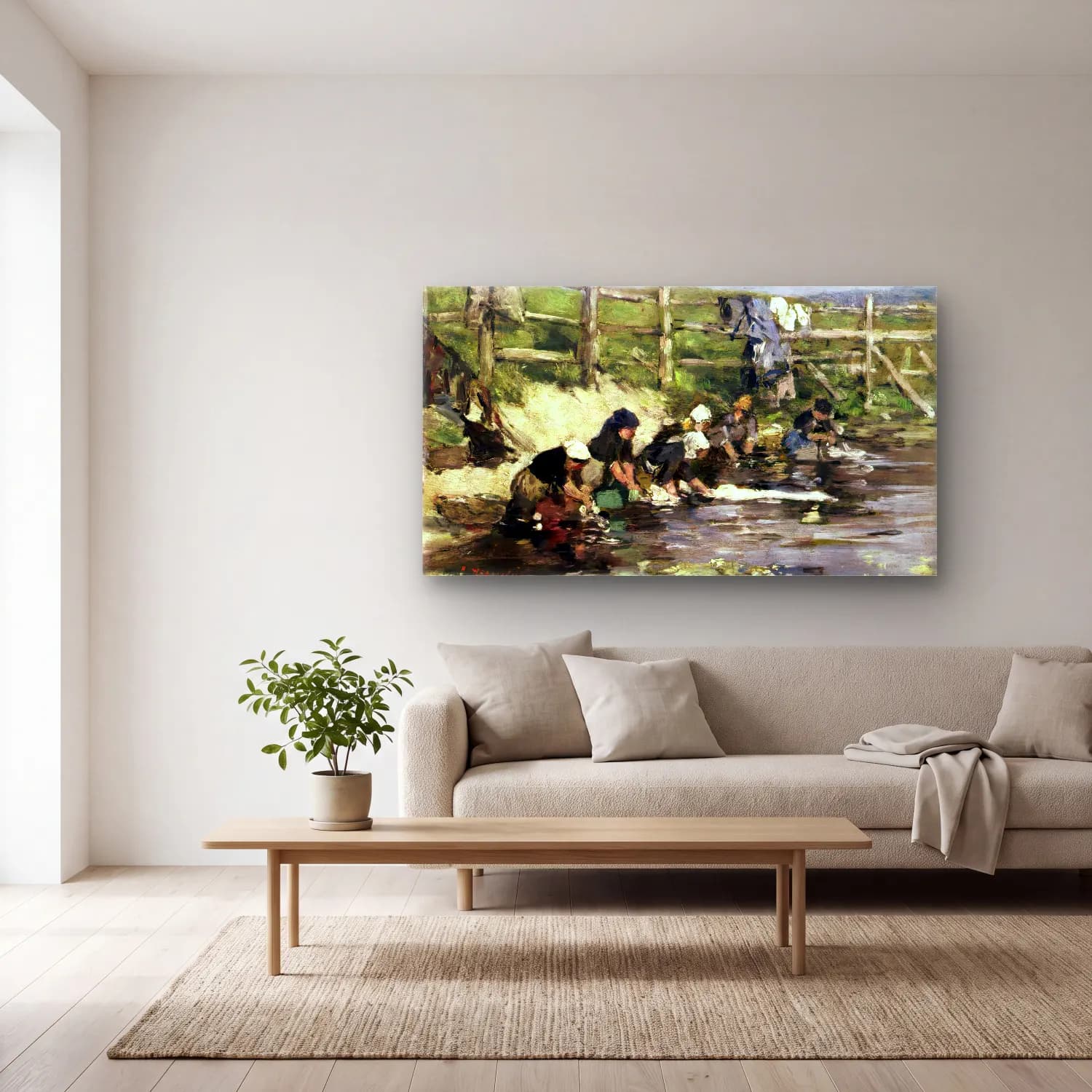 Eugène Boudin – Laundresses by a Stream cam tablo — açık renk salonda