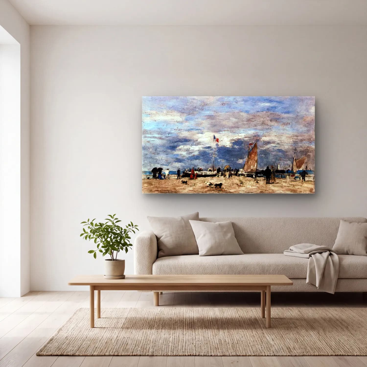 Eugène Boudin – The Pier at Deauville cam tablo — açık renk salonda