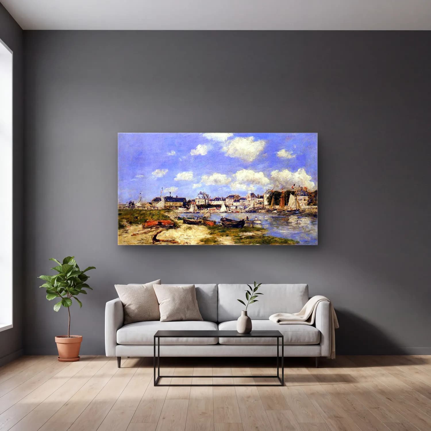 Eugène Boudin – View of Trouville or The Harbour at Trouville cam tablo — gri duvarlı salonda