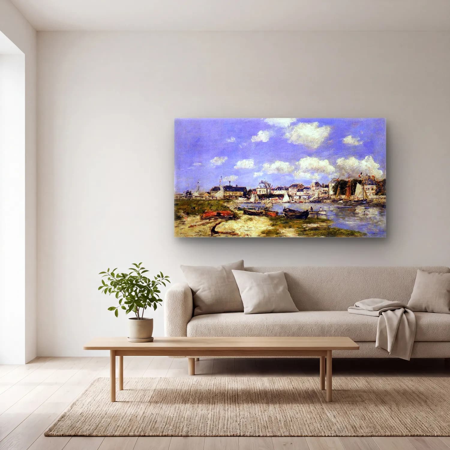 Eugène Boudin – View of Trouville or The Harbour at Trouville cam tablo — açık renk salonda