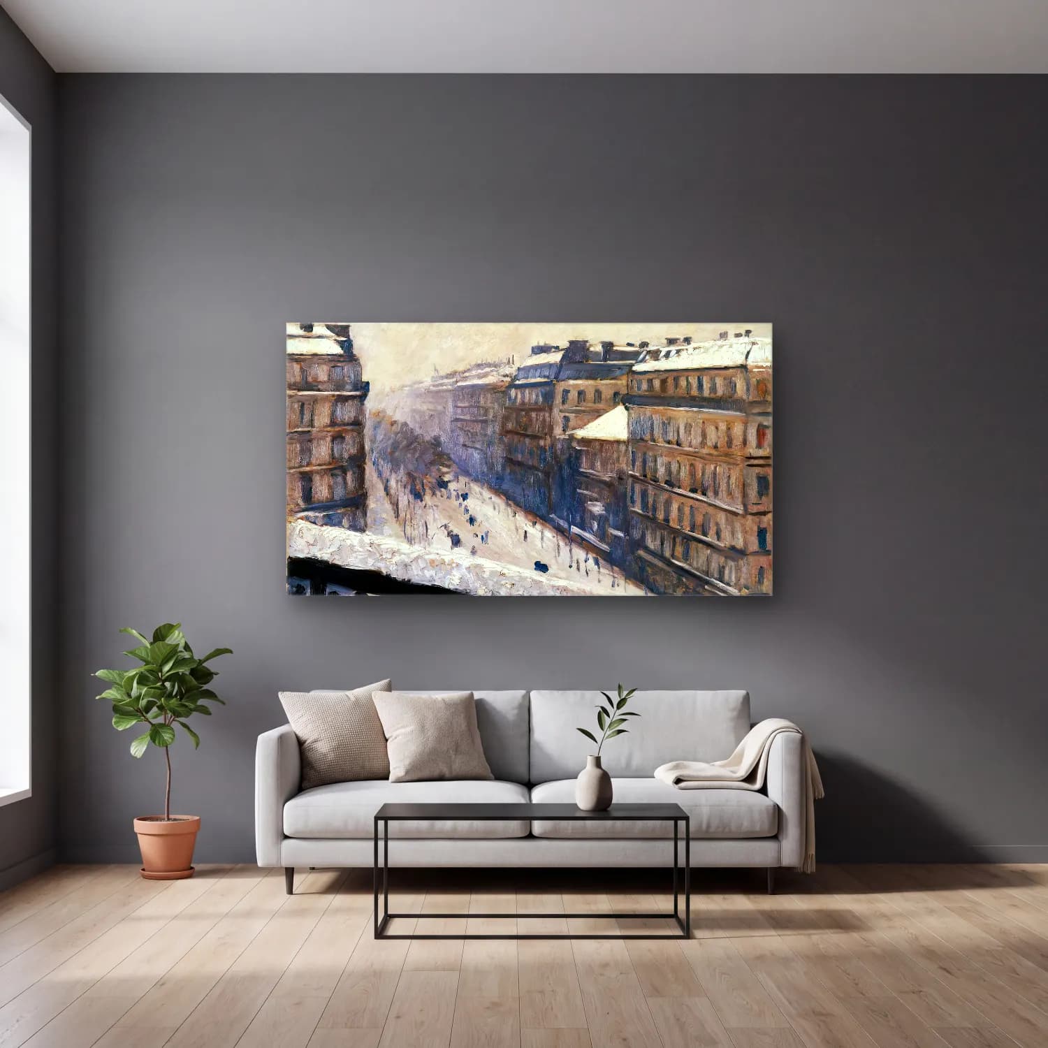 Gustave Caillebotte – Boulevard Haussmann, Snow cam tablo — gri duvarlı salonda
