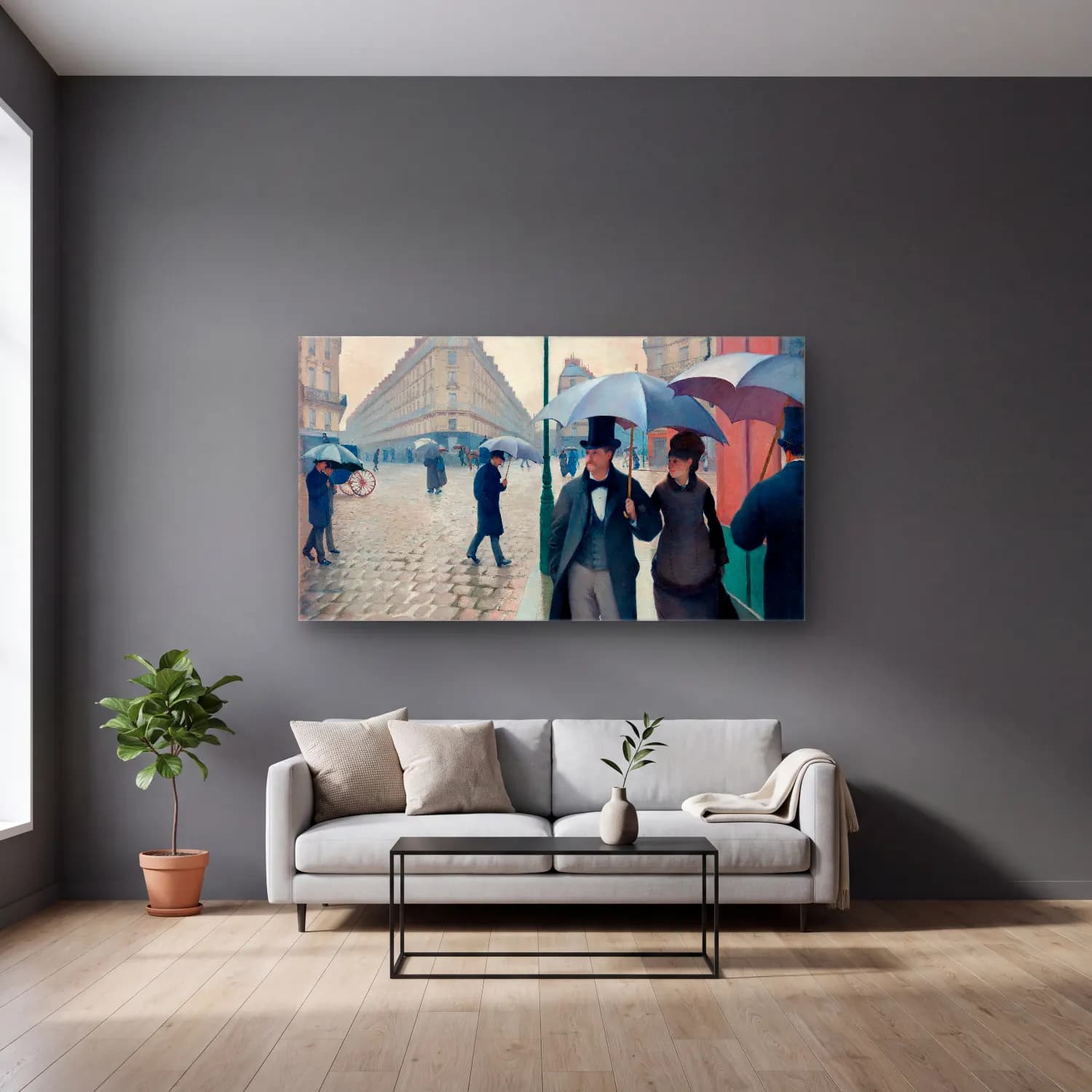 Gustave Caillebotte – Paris Street, Rainy Day cam tablo — gri duvarlı salonda