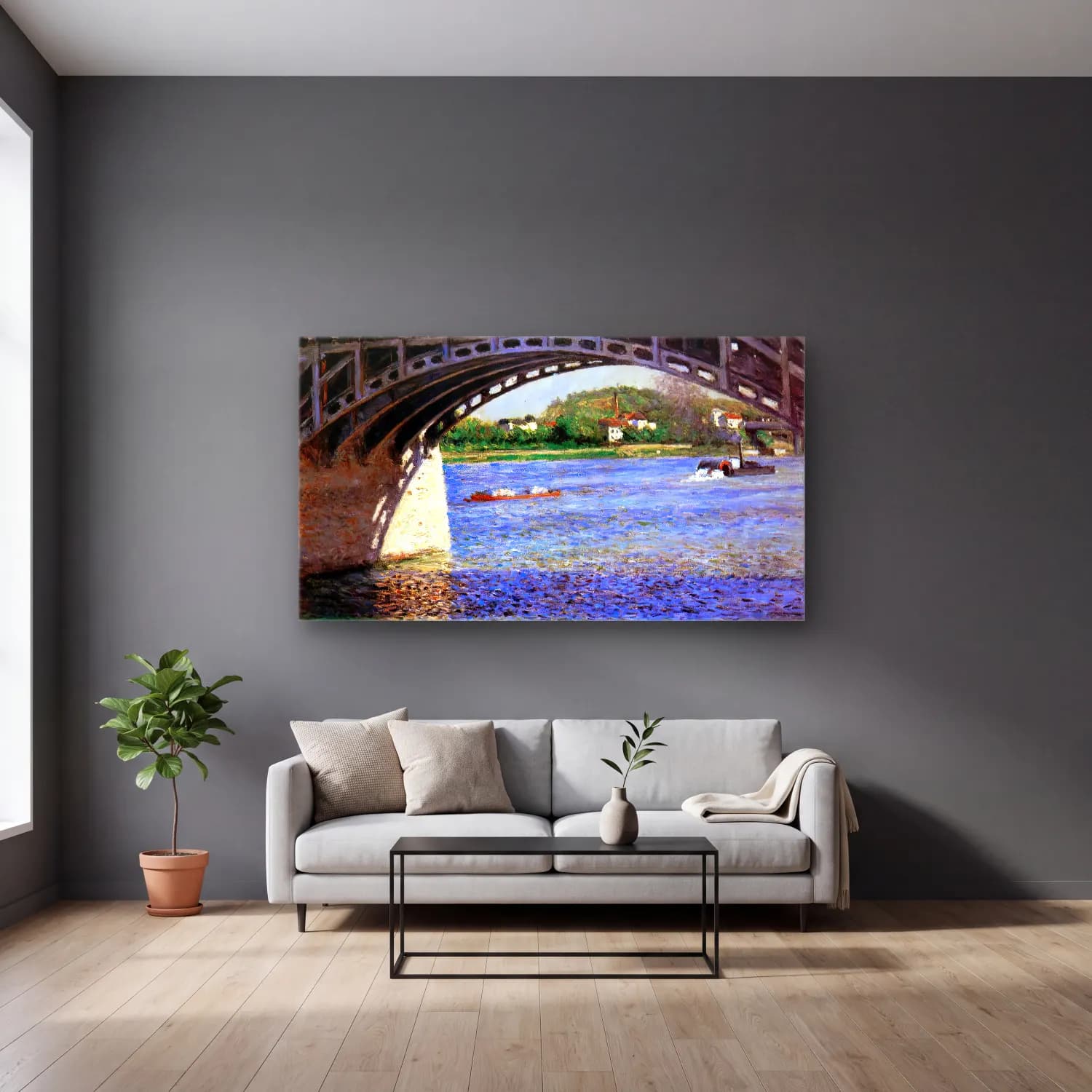 Gustave Caillebotte – The Bridge at Argenteuil and the Seine cam tablo — gri duvarlı salonda