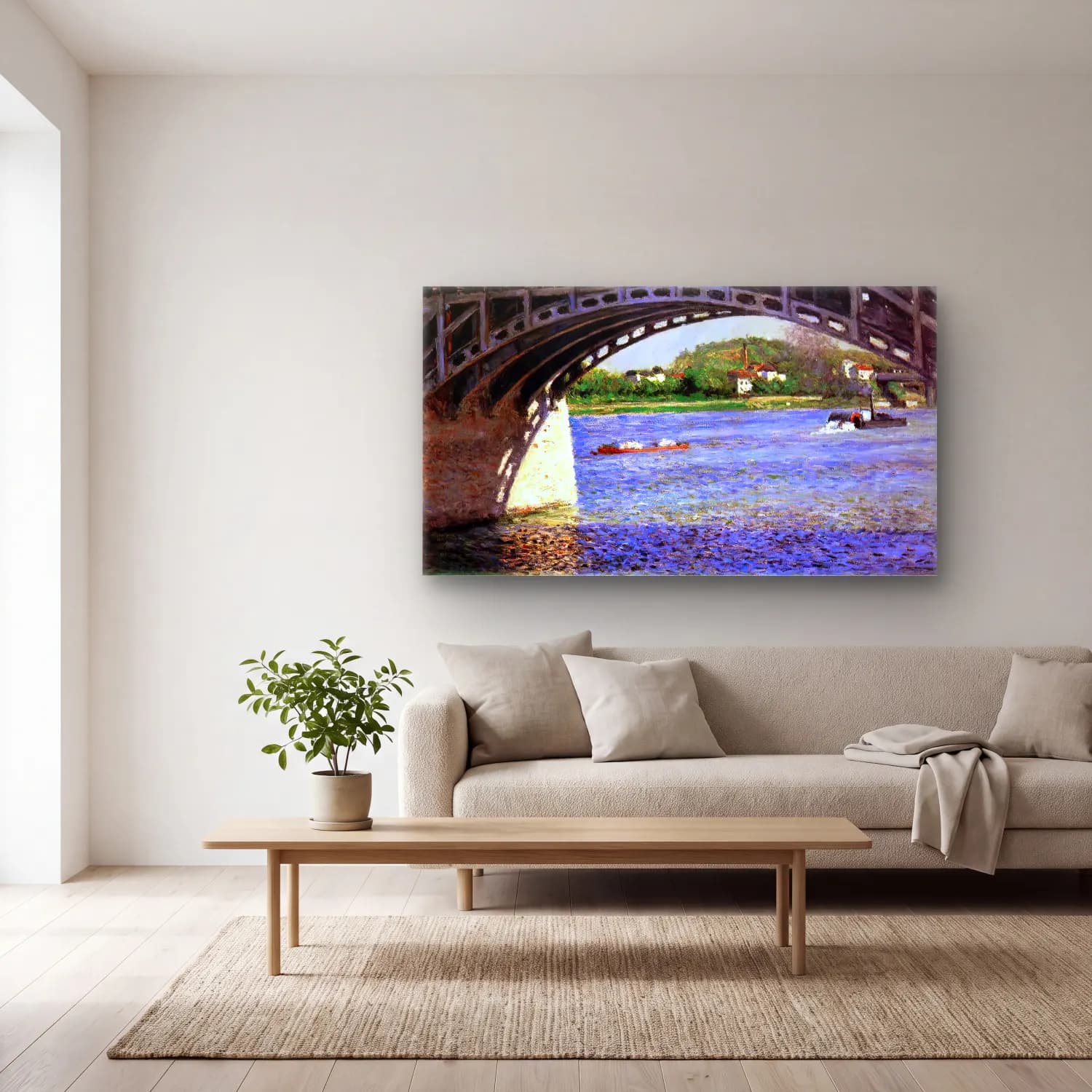 Gustave Caillebotte – The Bridge at Argenteuil and the Seine cam tablo — açık renk salonda