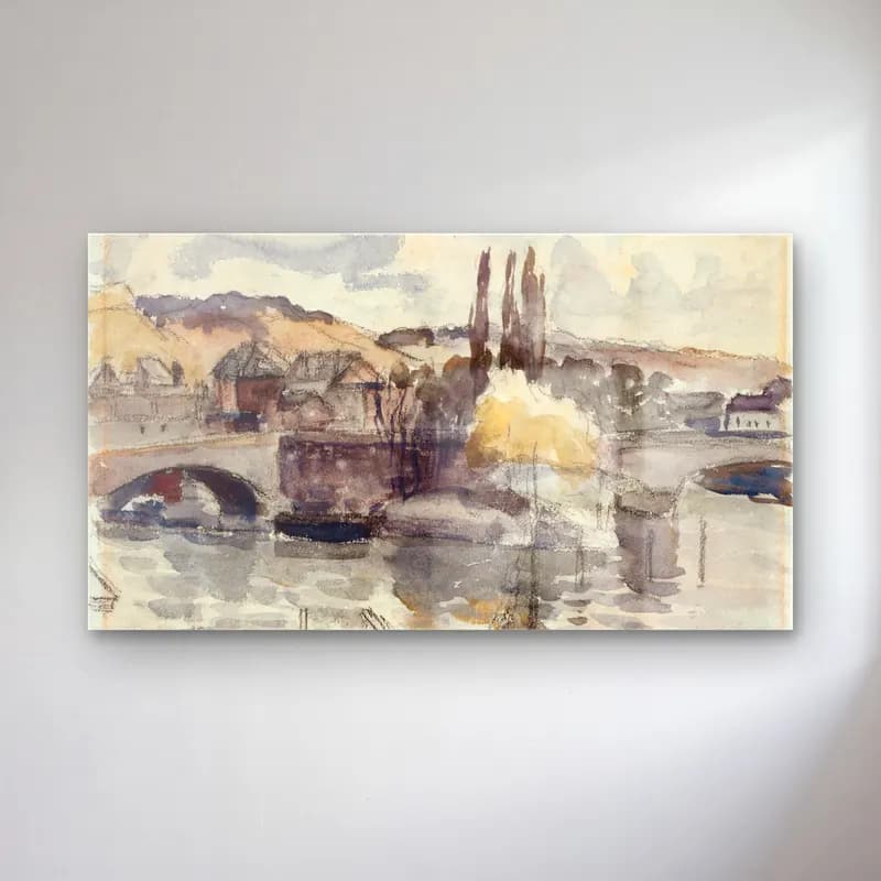 Camille Pissarro – Corneille Bridge in Rouen cam tablo — Camille Pissarro – Corneille Bridge in Rouen — suluboya kırda nehir