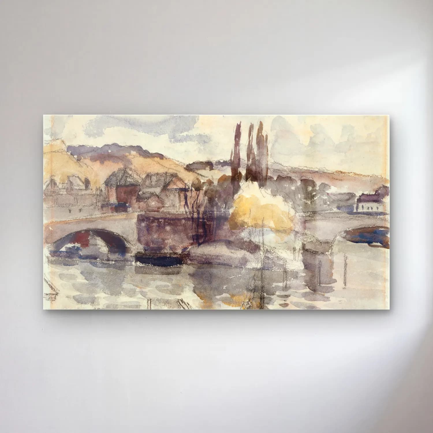 Camille Pissarro – Corneille Bridge in Rouen cam tablo — Camille Pissarro – Corneille Bridge in Rouen — suluboya kırda nehir