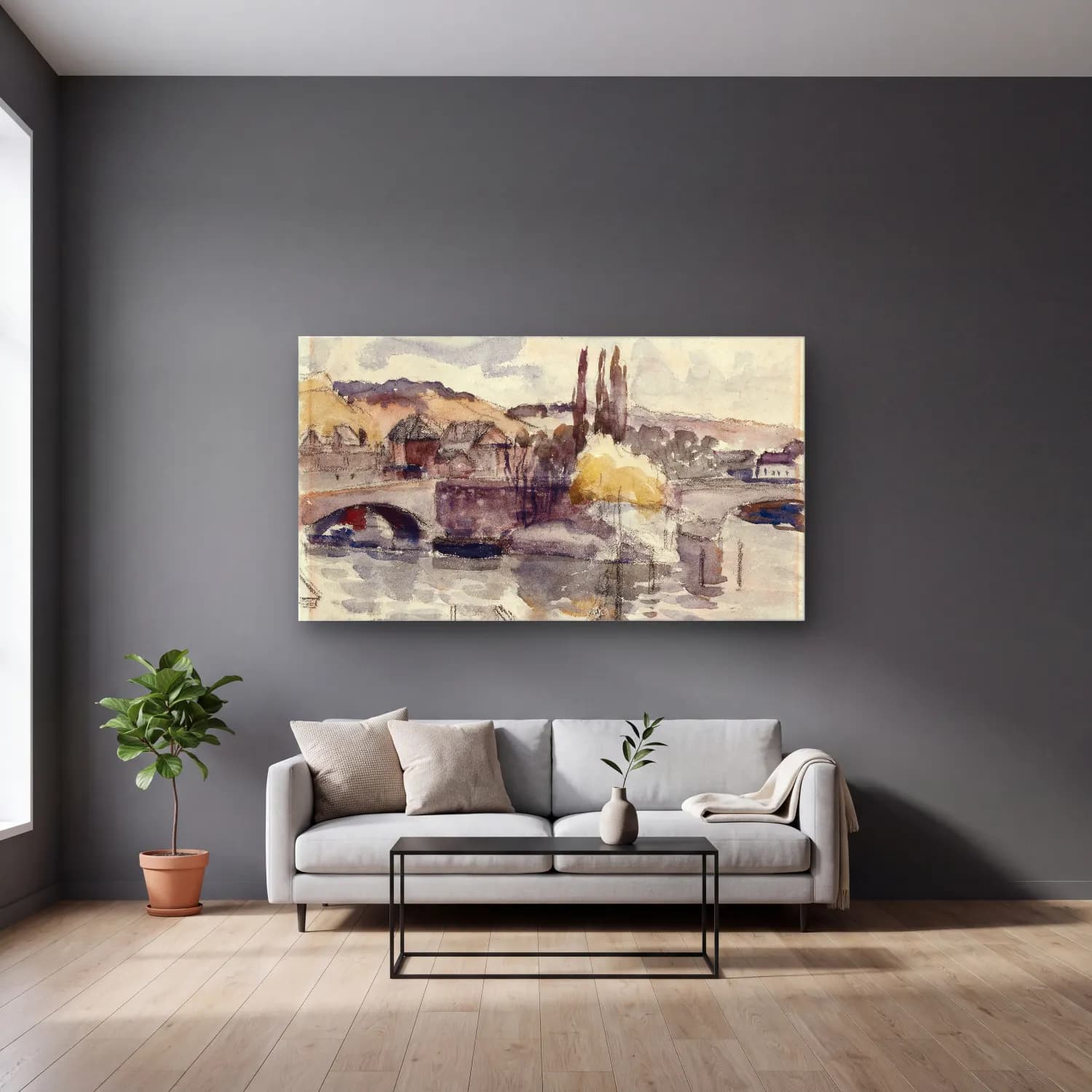 Camille Pissarro – Corneille Bridge in Rouen cam tablo — gri duvarlı salonda
