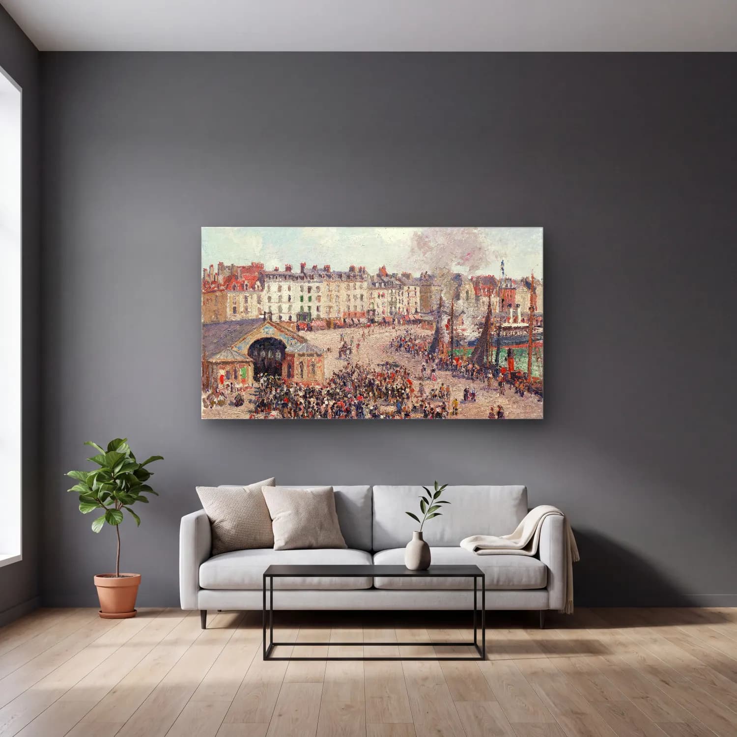 Camille Pissarro – Fishmarket cam tablo — gri duvarlı salonda
