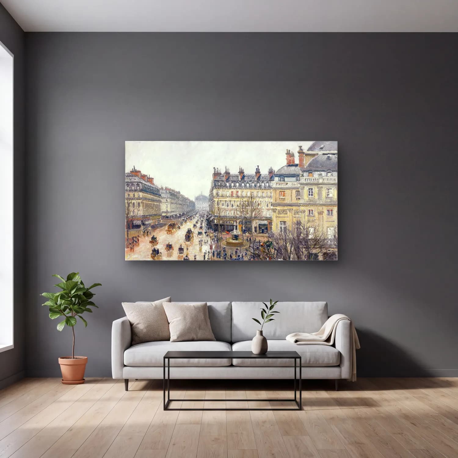 Camille Pissarro – French Theater Square, Paris cam tablo — gri duvarlı salonda