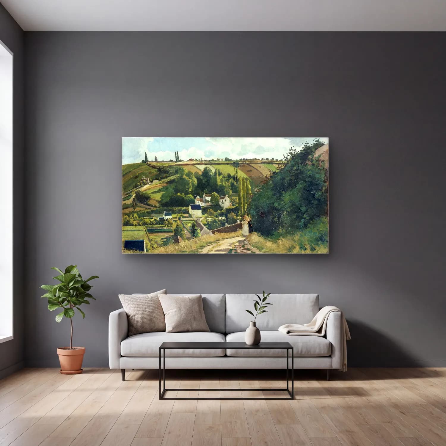 Camille Pissarro – Jalais Hill, Pontoise cam tablo — gri duvarlı salonda