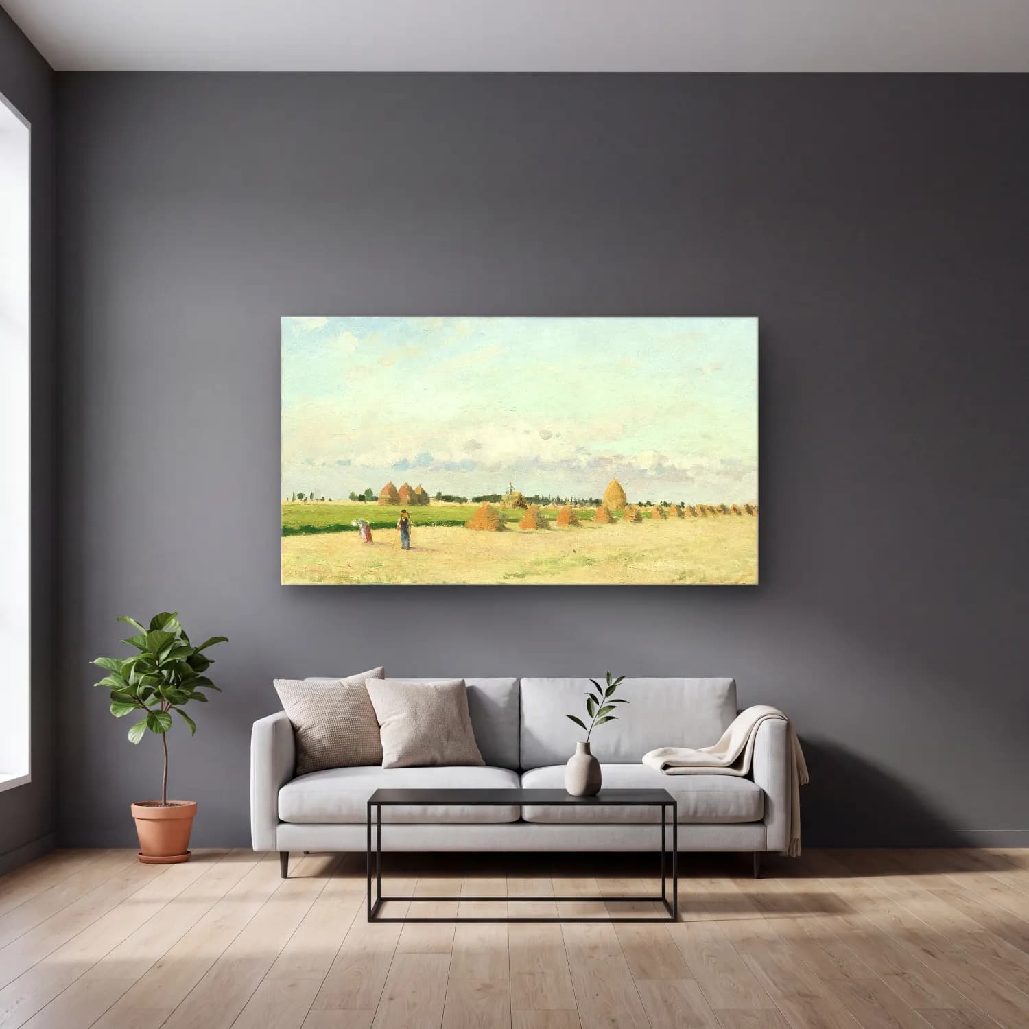 Camille Pissarro – Landscape, Ile-de-France cam tablo — gri duvarlı salonda