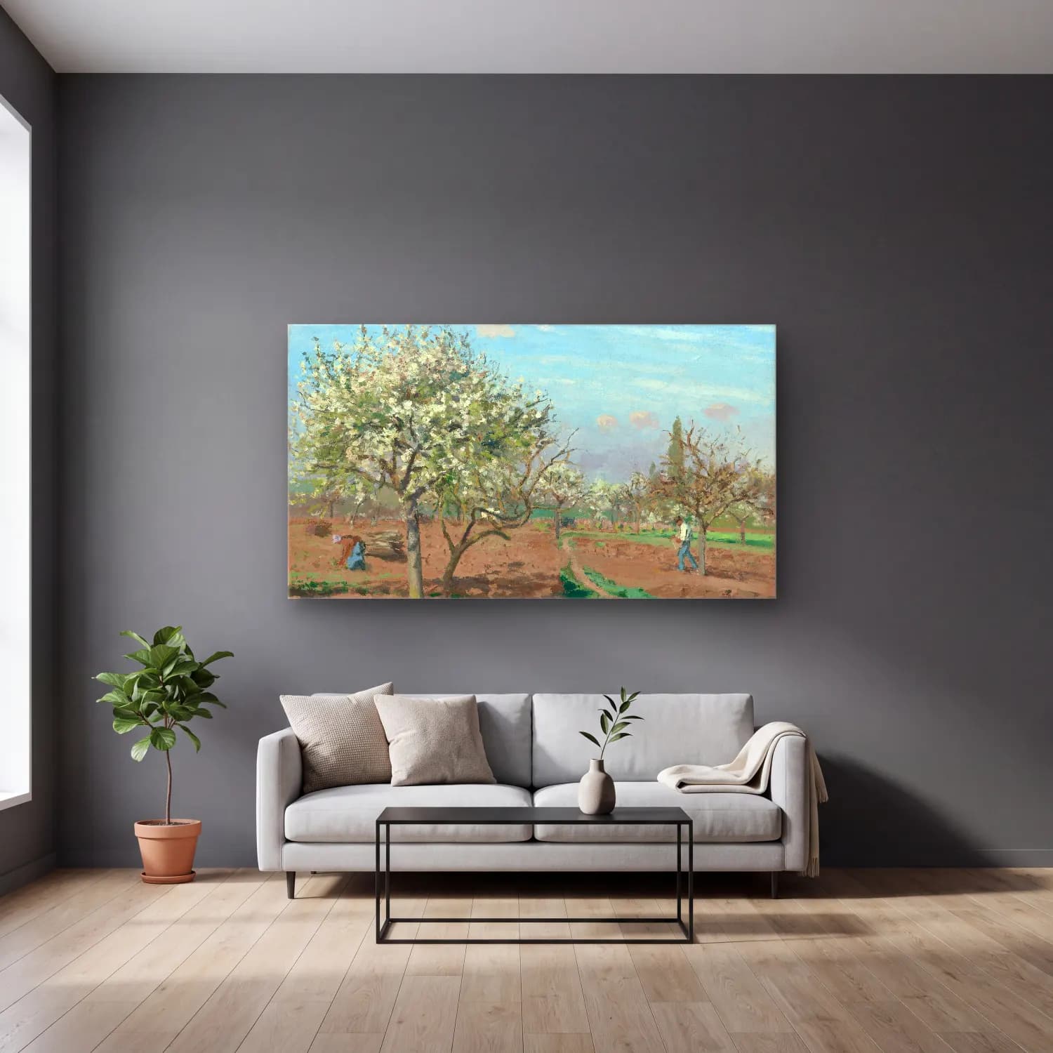 Camille Pissarro – Orchard in Bloom, Louveciennes cam tablo — gri duvarlı salonda
