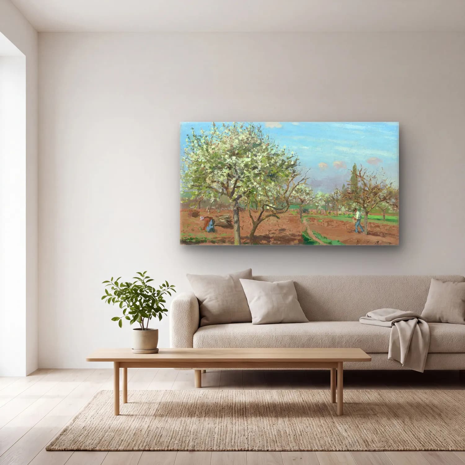 Camille Pissarro – Orchard in Bloom, Louveciennes cam tablo — açık renk salonda