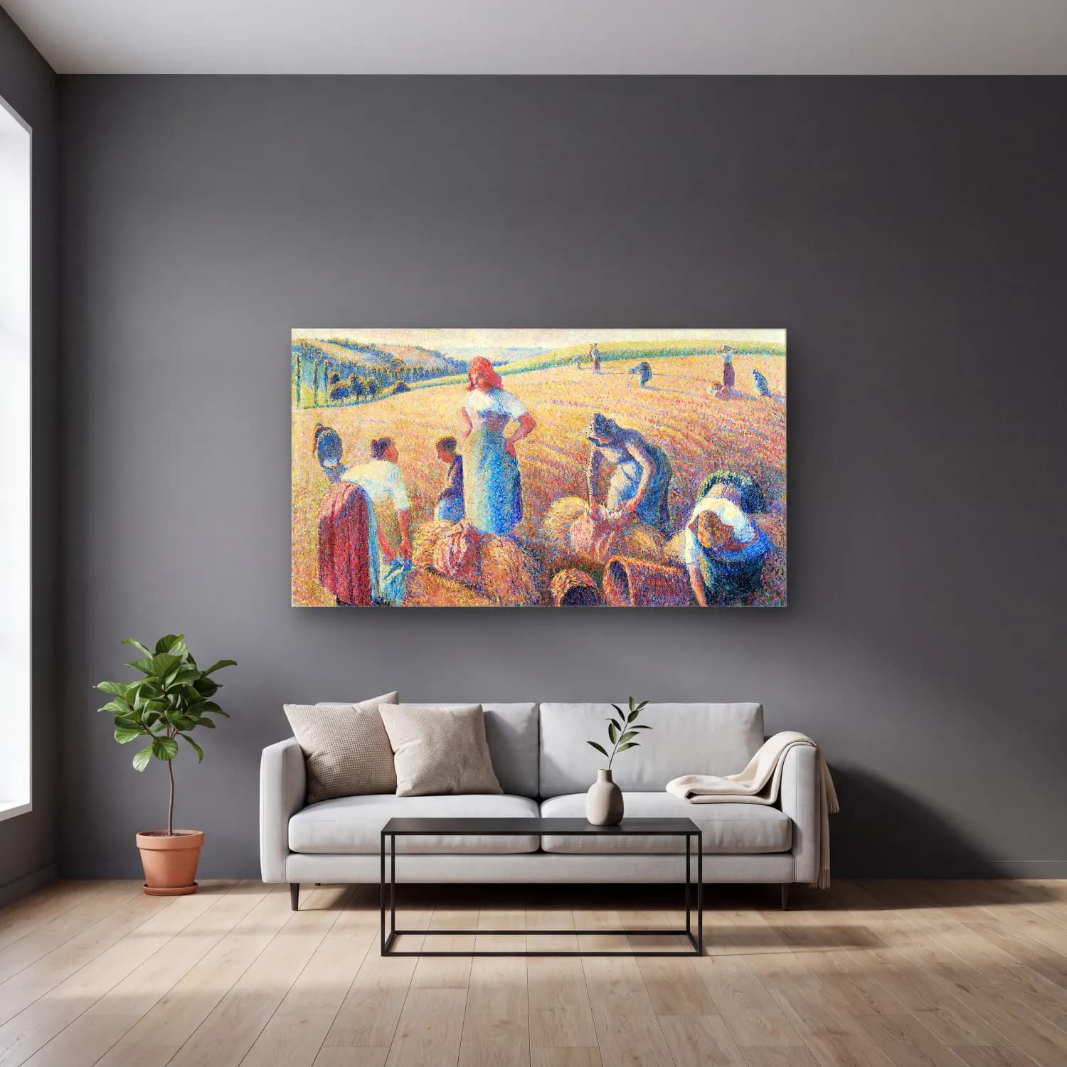 Camille Pissarro – The gleaners cam tablo — gri duvarlı salonda