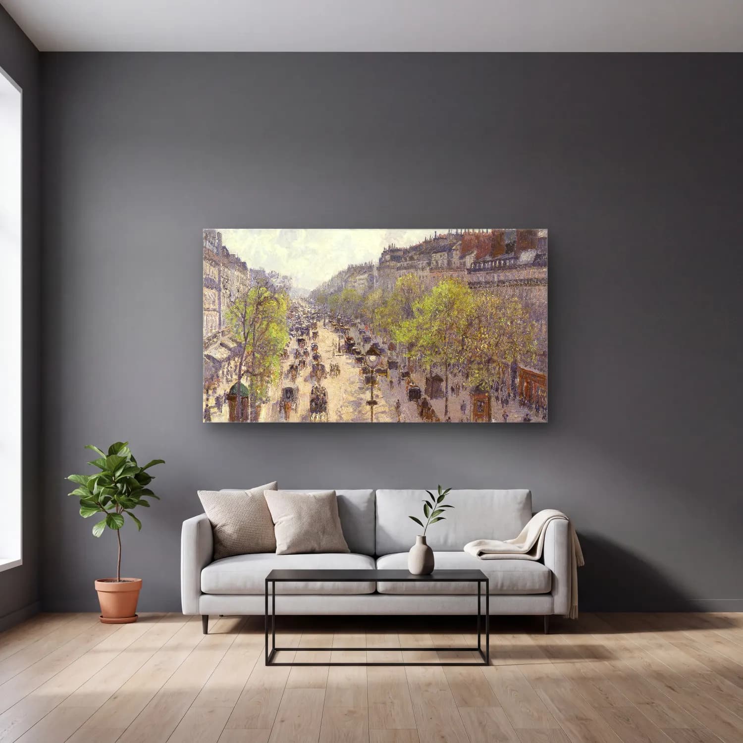 Camille Pissarro – Boulevard Montmartre Spring cam tablo — gri duvarlı salonda
