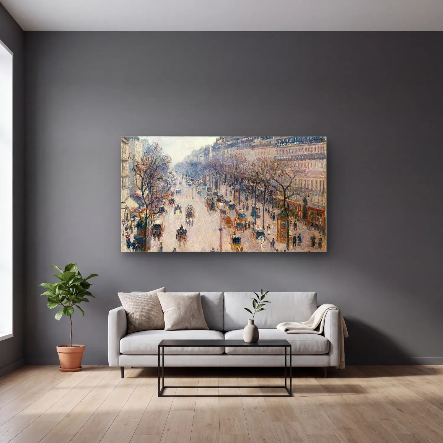 Camille Pissarro – Boulevard Montmartre cam tablo — gri duvarlı salonda