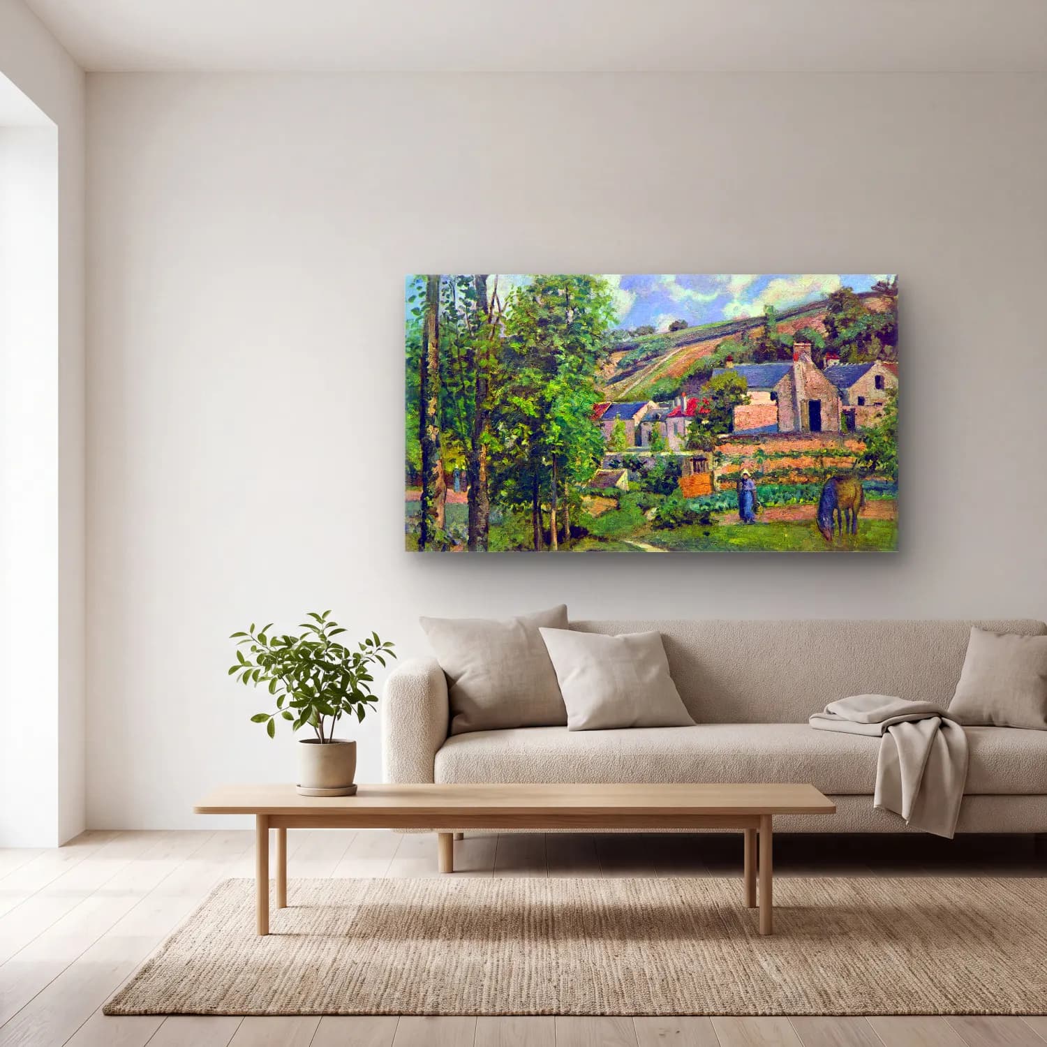 Camille Pissarro – Landscape in Pontiose cam tablo — açık renk salonda