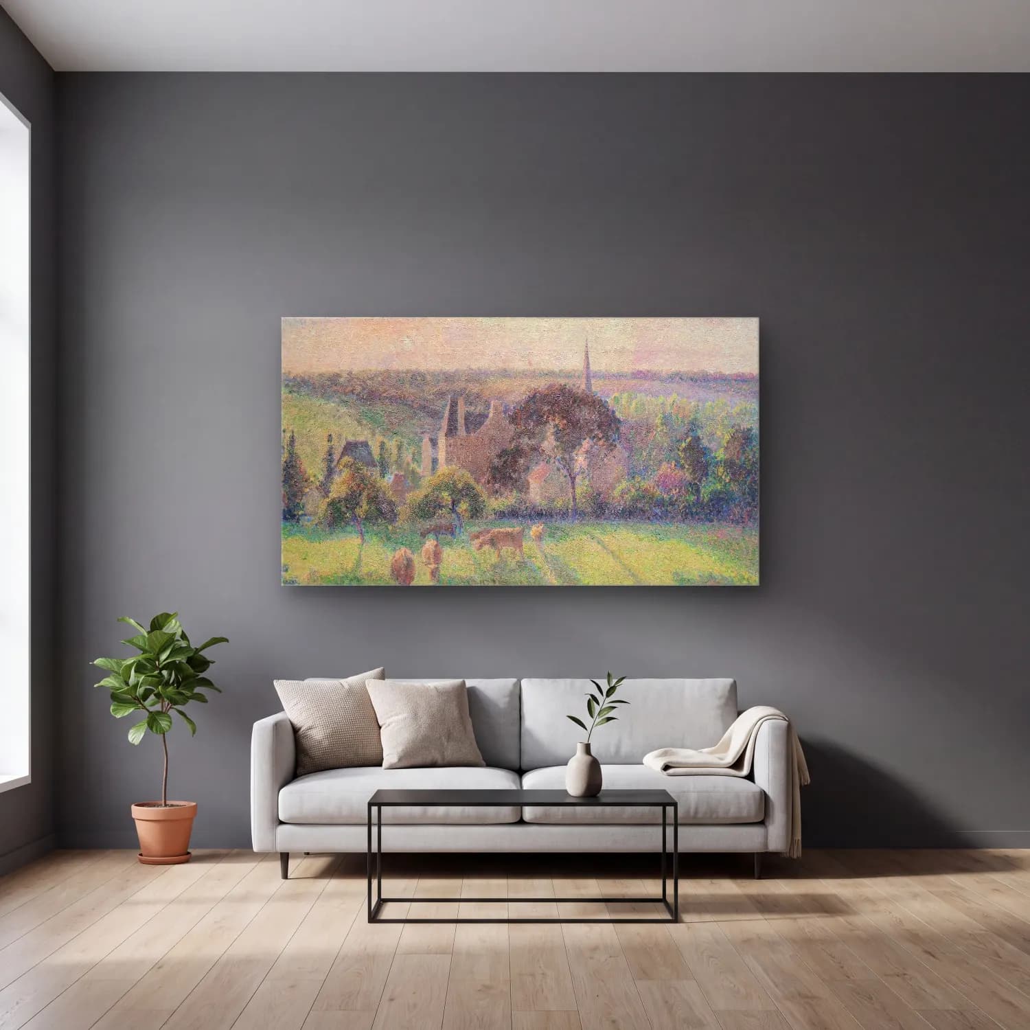 Camille Pissarro – Paysage à Éragny cam tablo — gri duvarlı salonda