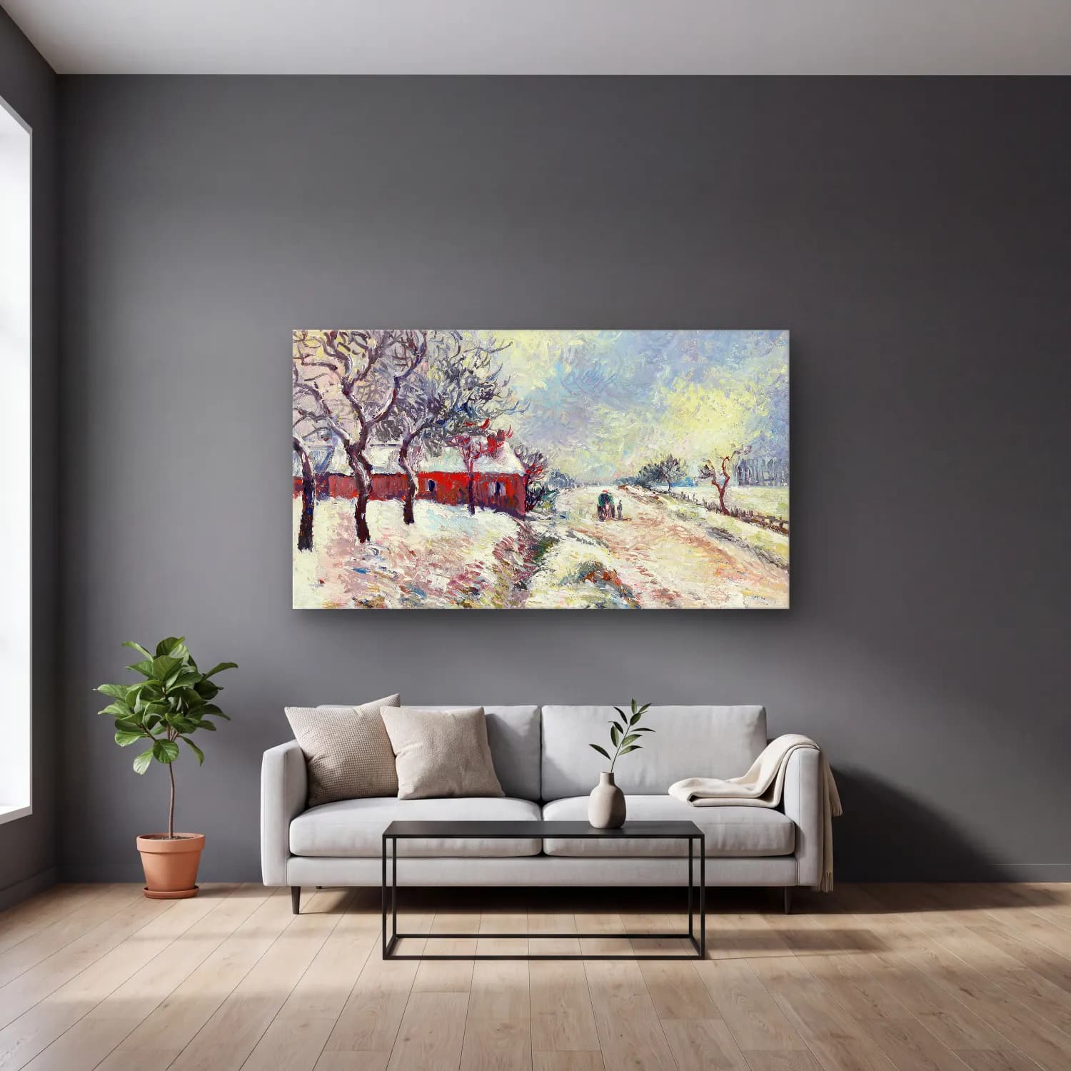 Camille Pissarro – Route Enneigée avec maison environs d Éragny cam tablo — gri duvarlı salonda