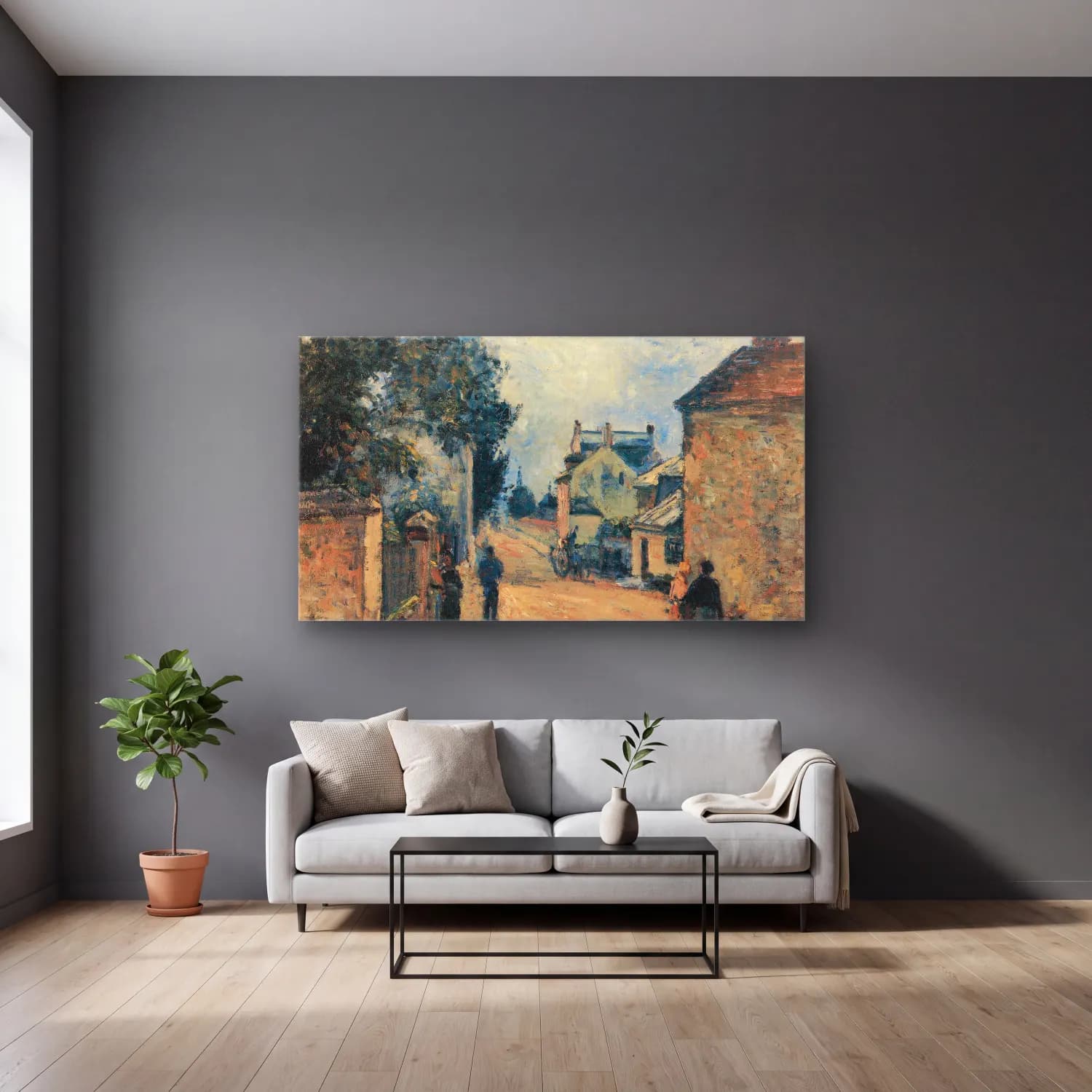 Camille Pissarro – Une rue a L´Hermitage cam tablo — gri duvarlı salonda
