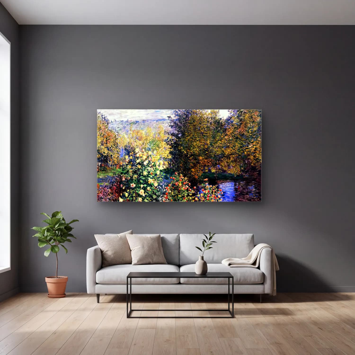 Claude Monet – A Corner of the Hoschedé Garden at Montgeron cam tablo — gri duvarlı salonda