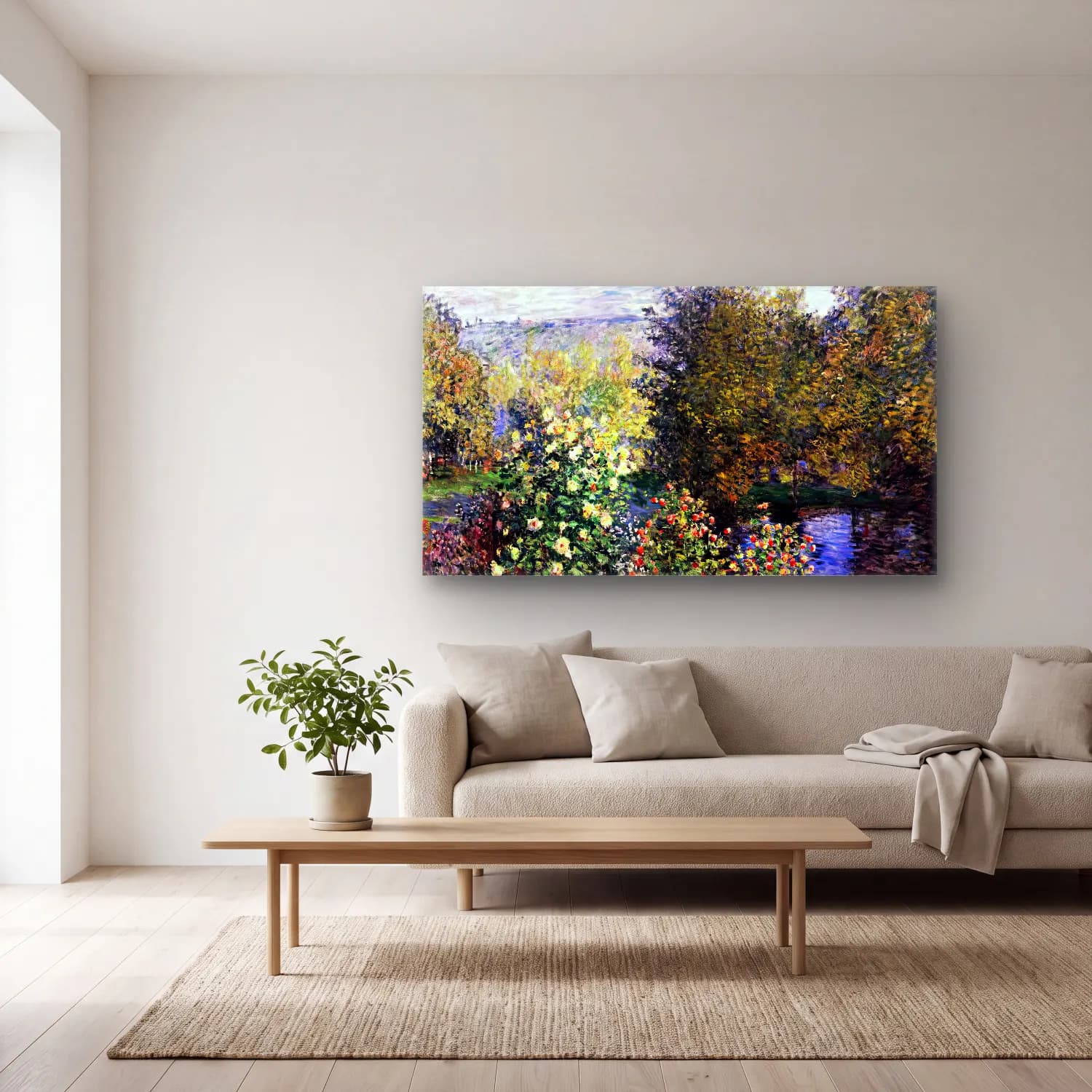 Claude Monet – A Corner of the Hoschedé Garden at Montgeron cam tablo — açık renk salonda