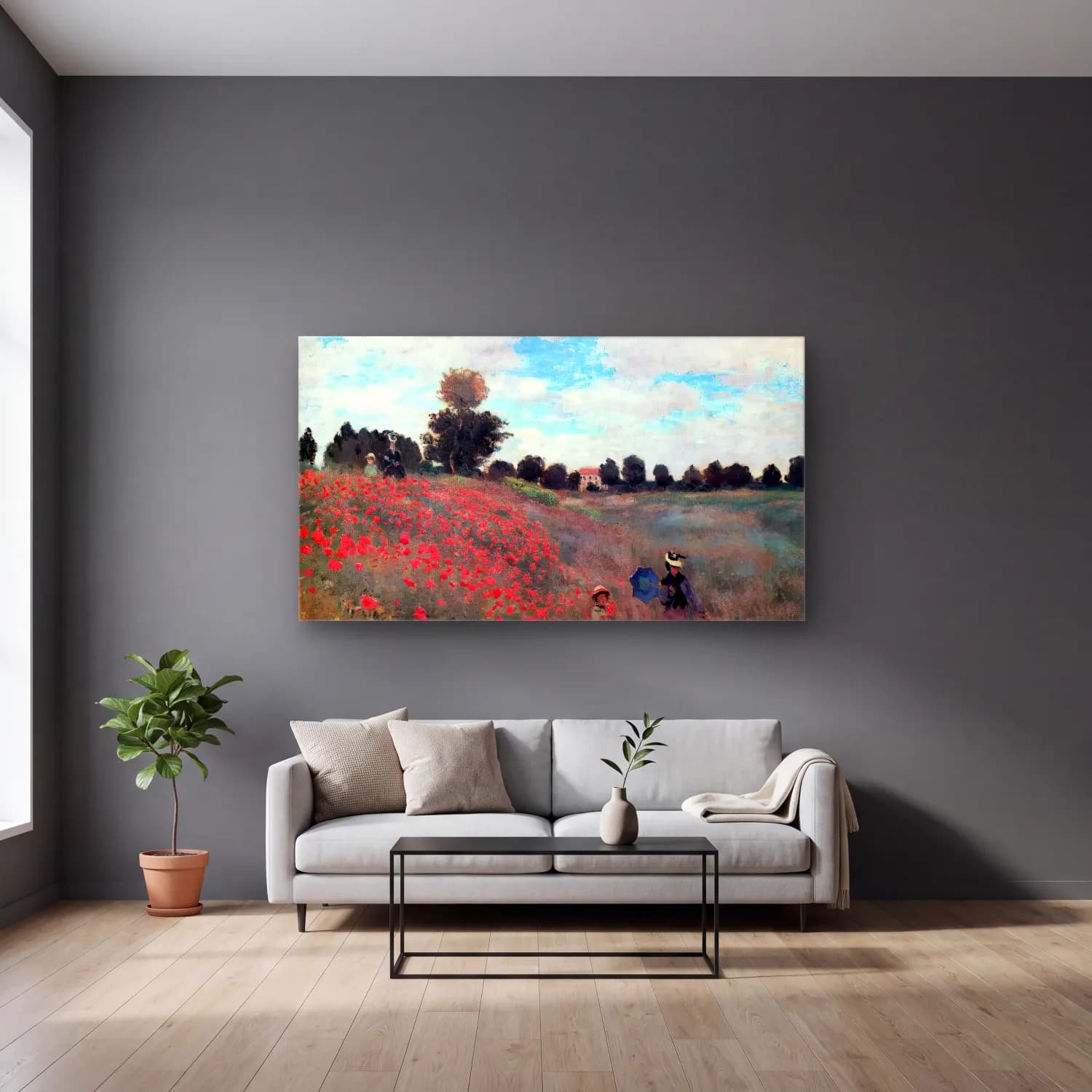 Claude Monet – A Field of Poppies cam tablo — gri duvarlı salonda