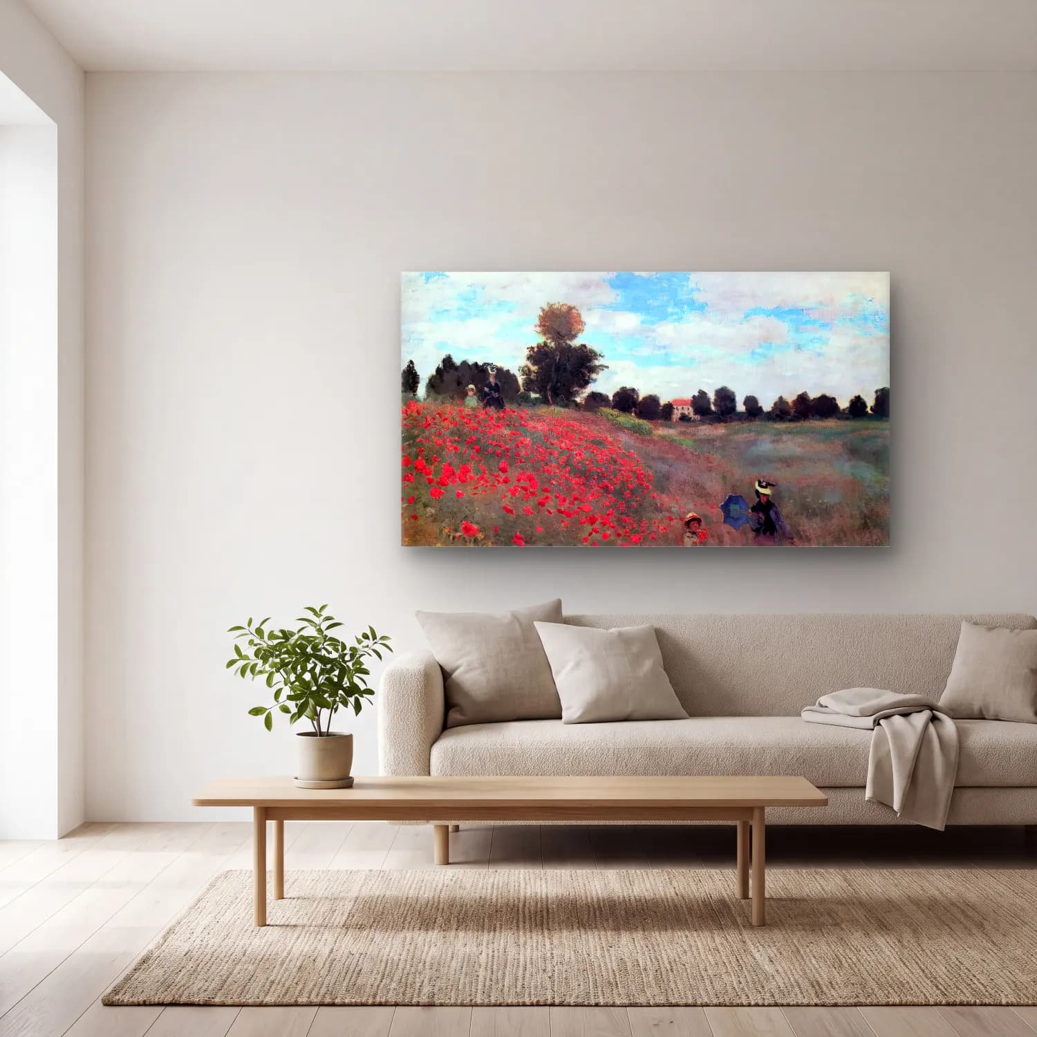 Claude Monet – A Field of Poppies cam tablo — açık renk salonda