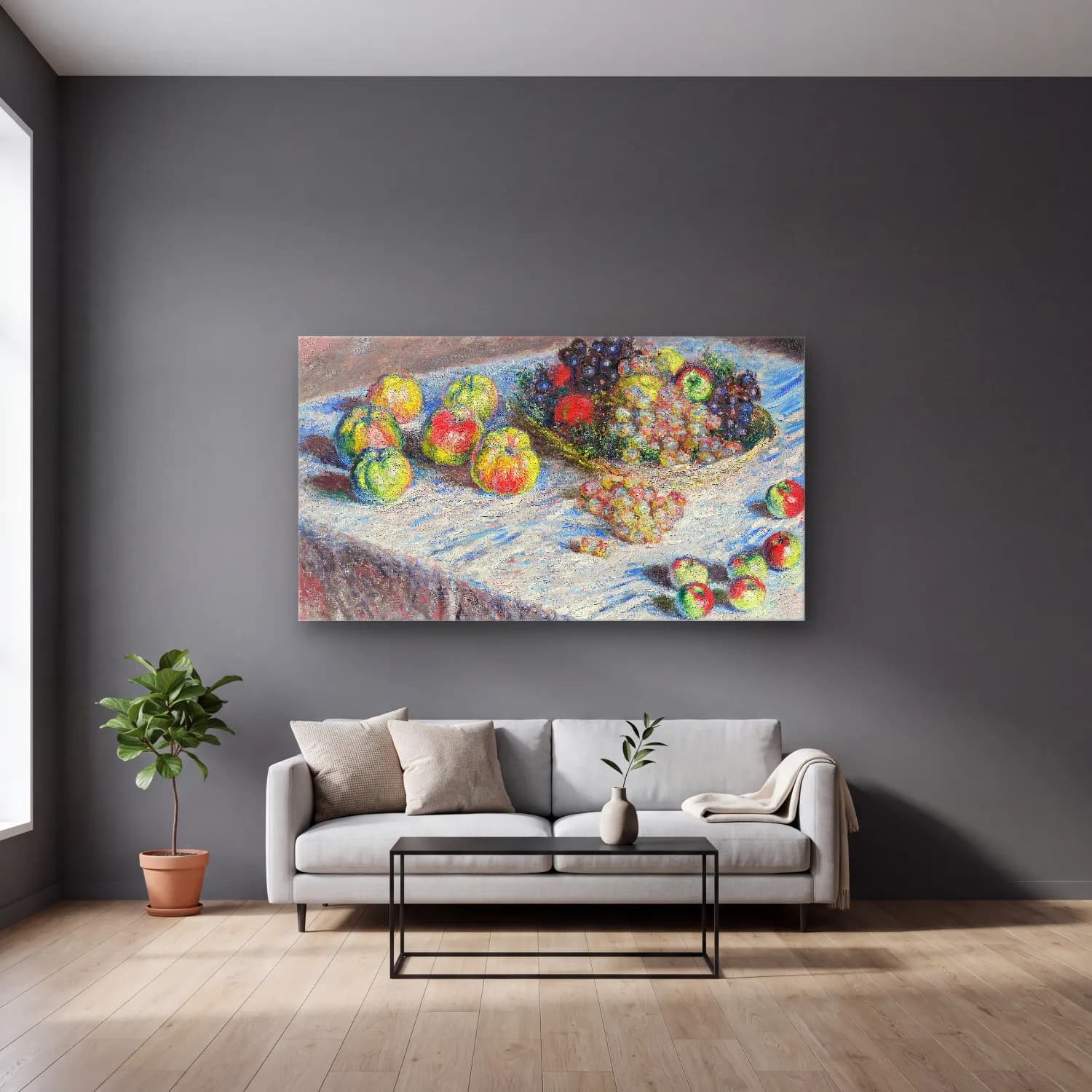 Claude Monet – Apples and Grapes cam tablo — gri duvarlı salonda
