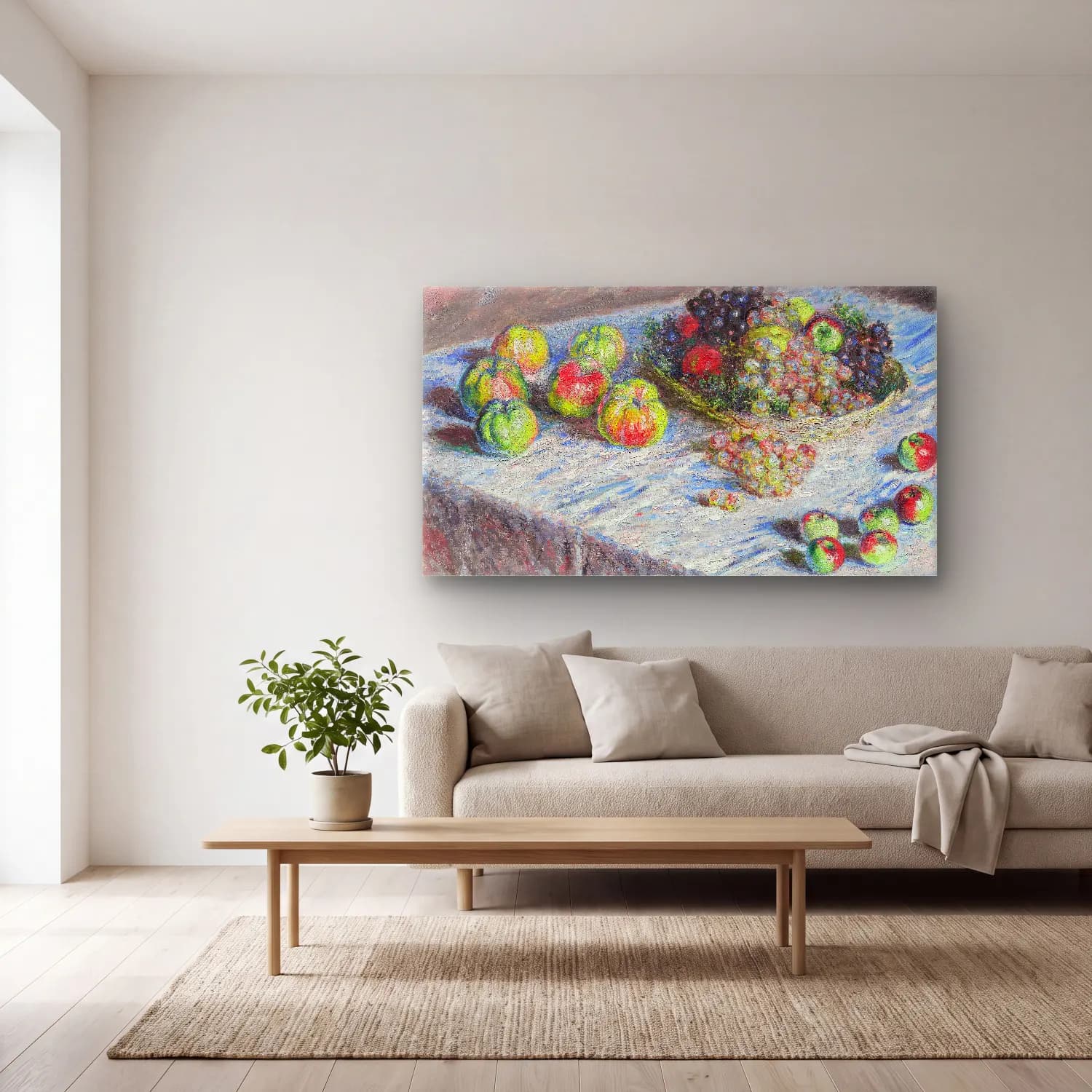 Claude Monet – Apples and Grapes cam tablo — açık renk salonda