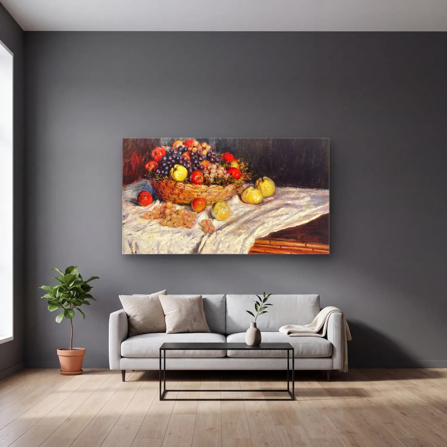 Claude Monet – Apples and Grapes – Pastel Tonlar cam tablo — gri duvarlı salonda
