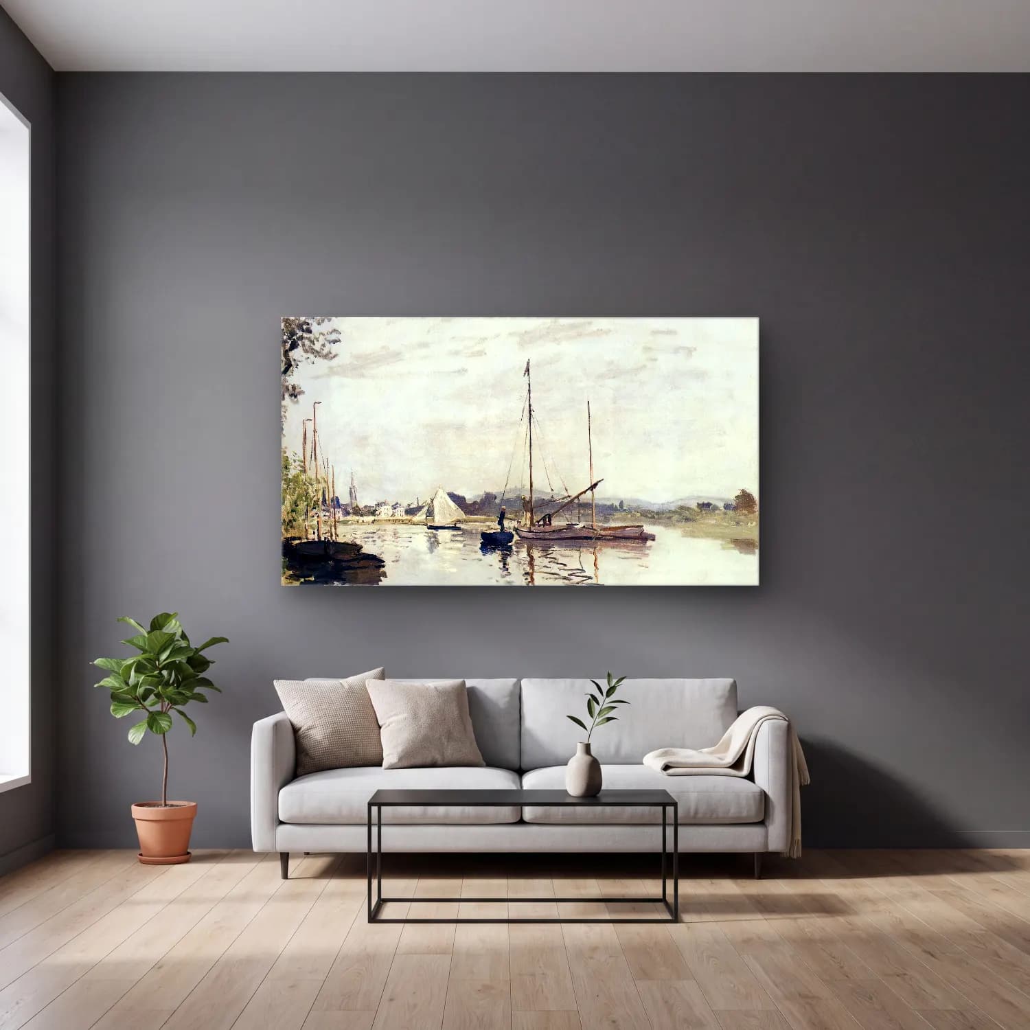Claude Monet – Argenteuil – Bej Tonlar cam tablo — gri duvarlı salonda