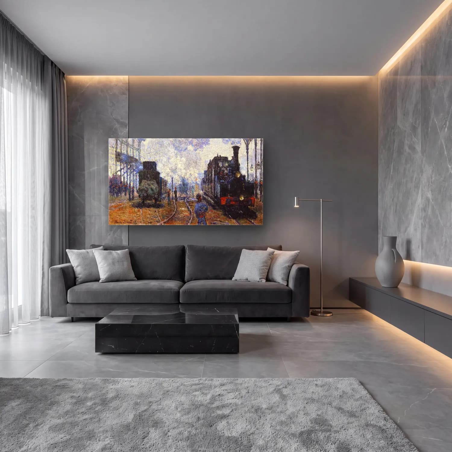 Claude Monet – Arrival of the Normandy Train cam tablo — lüks salon duvarında