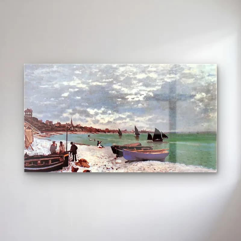 Claude Monet – Beach at Sainte-Adresse cam tablo — Claude Monet – Beach at Sainte-Adresse — empresyonist liman ve tekneler