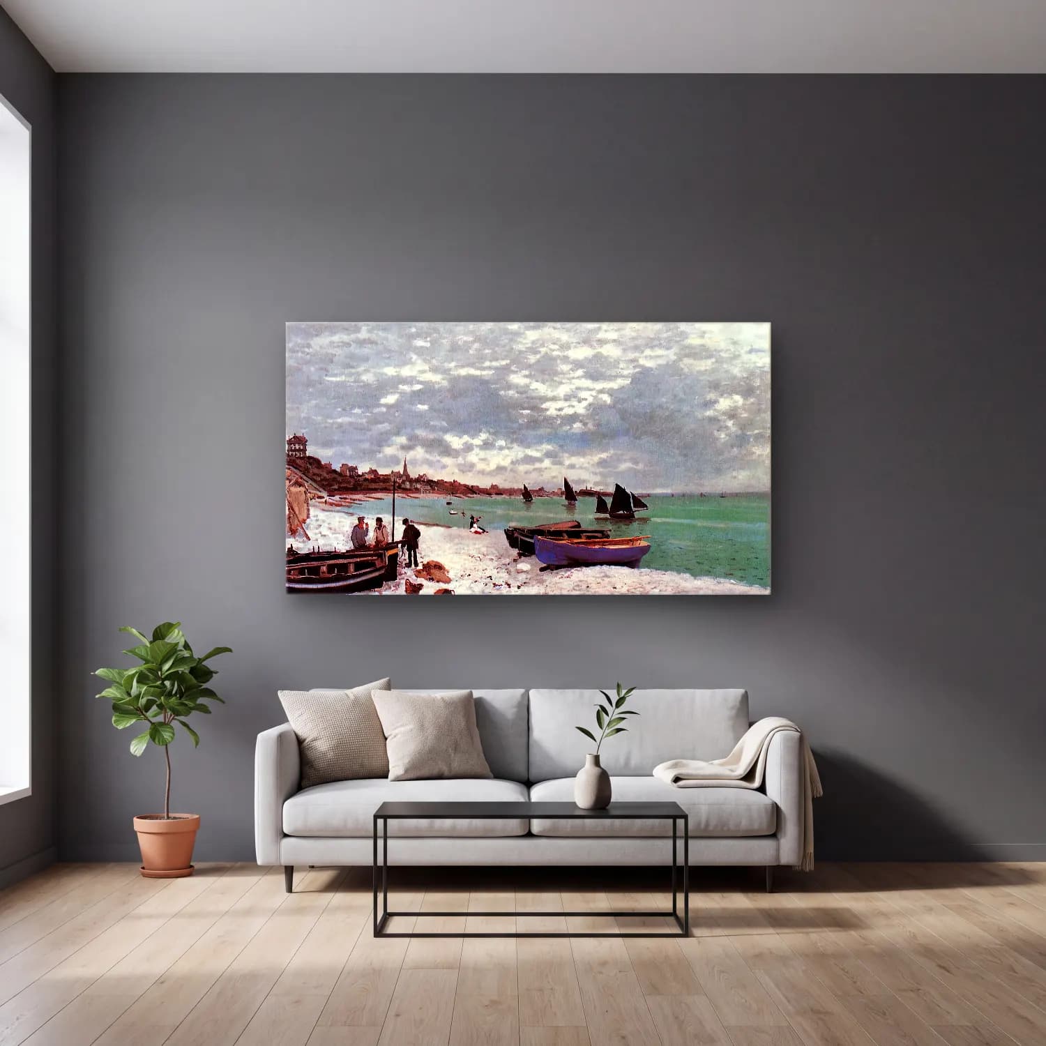 Claude Monet – Beach at Sainte-Adresse cam tablo — gri duvarlı salonda