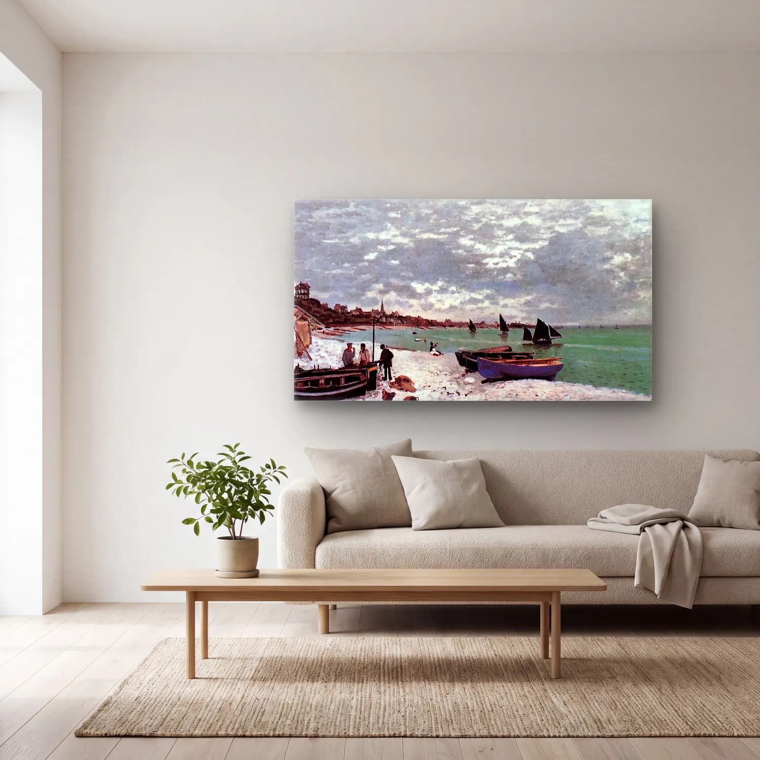 Claude Monet – Beach at Sainte-Adresse cam tablo — açık renk salonda