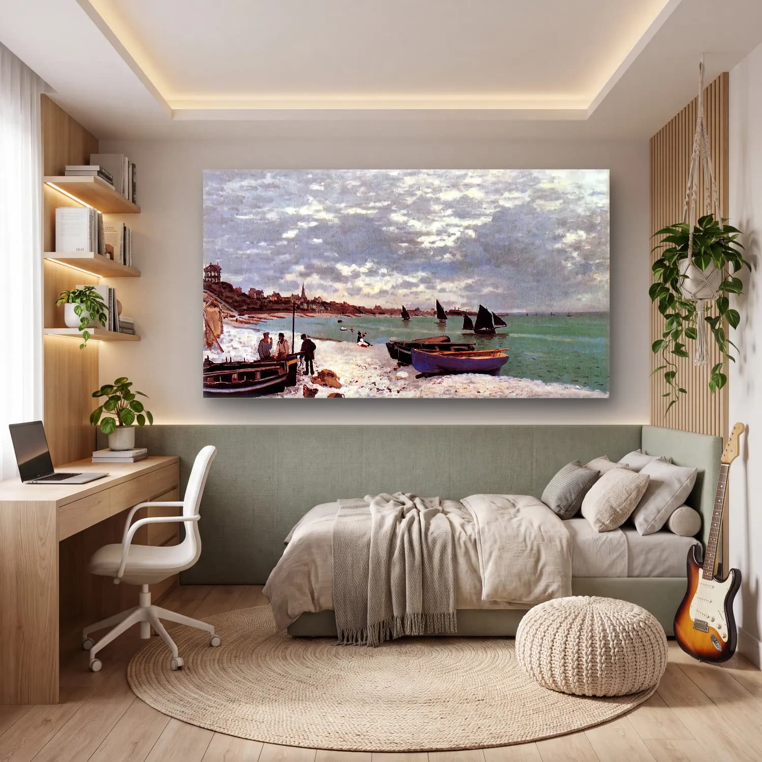 Claude Monet – Beach at Sainte-Adresse cam tablo — genç odasında
