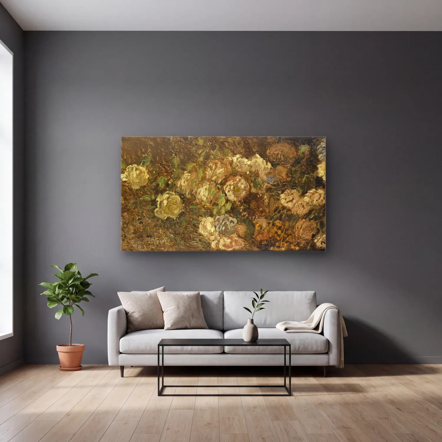 Claude Monet – Bloemen – Bej Tonlar cam tablo — gri duvarlı salonda