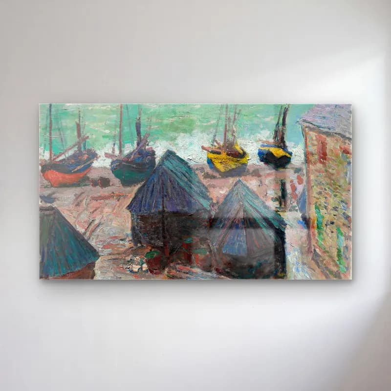 Claude Monet – Boats on the Beach at Étretat – Turkuaz Tonlar cam tablo — Claude Monet – Boats on the Beach at Étretat – Turkuaz Tonlar — empresyonist liman ve tekneler