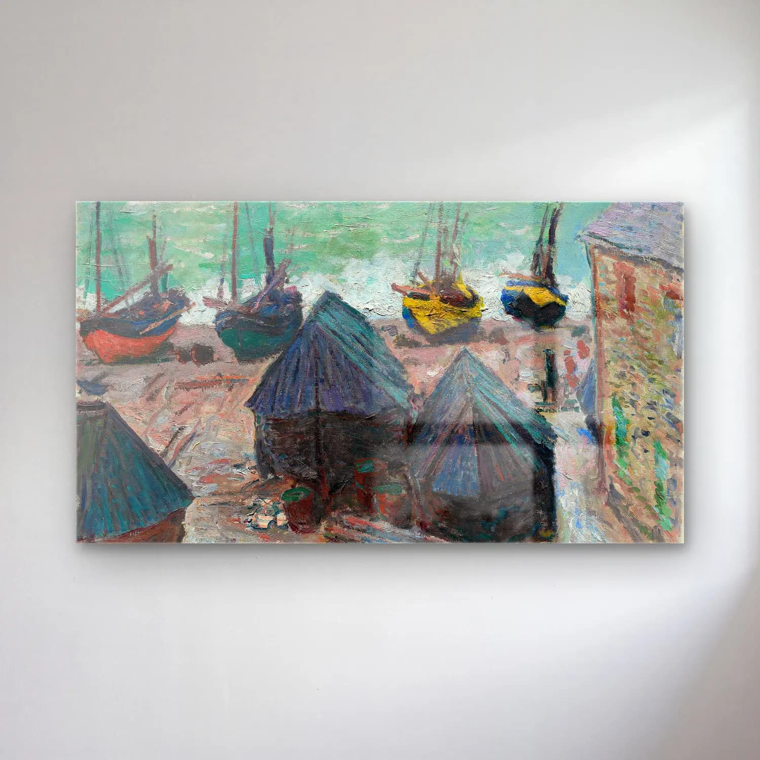 Claude Monet – Boats on the Beach at Étretat – Turkuaz Tonlar cam tablo — Claude Monet – Boats on the Beach at Étretat – Turkuaz Tonlar — empresyonist liman ve tekneler
