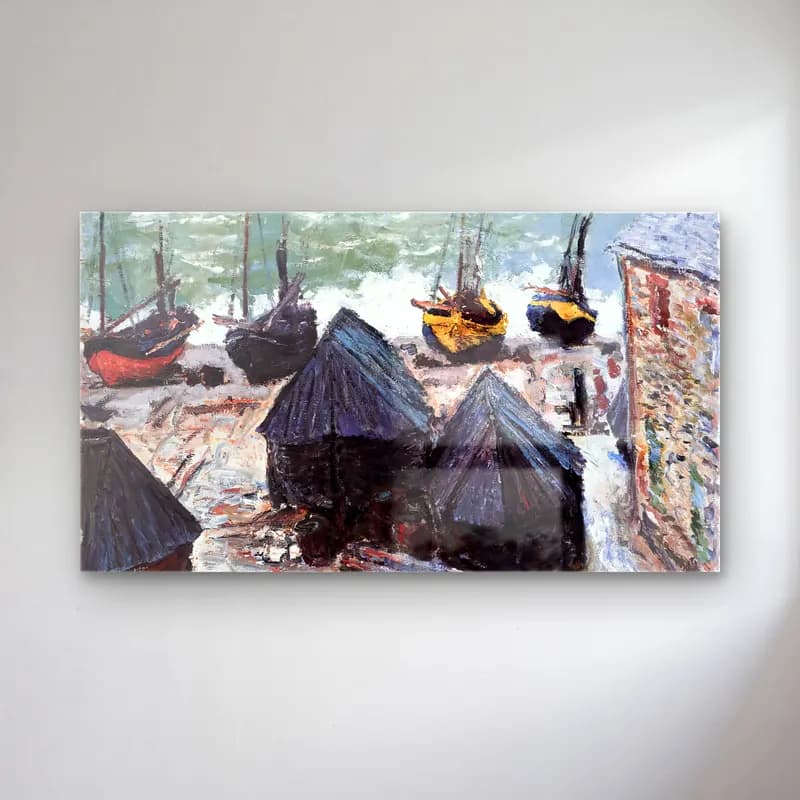 Claude Monet – Boats on the Beach at Étretat – Pastel Tonlar cam tablo — Claude Monet – Boats on the Beach at Étretat – Pastel Tonlar — empresyonist liman ve tekneler